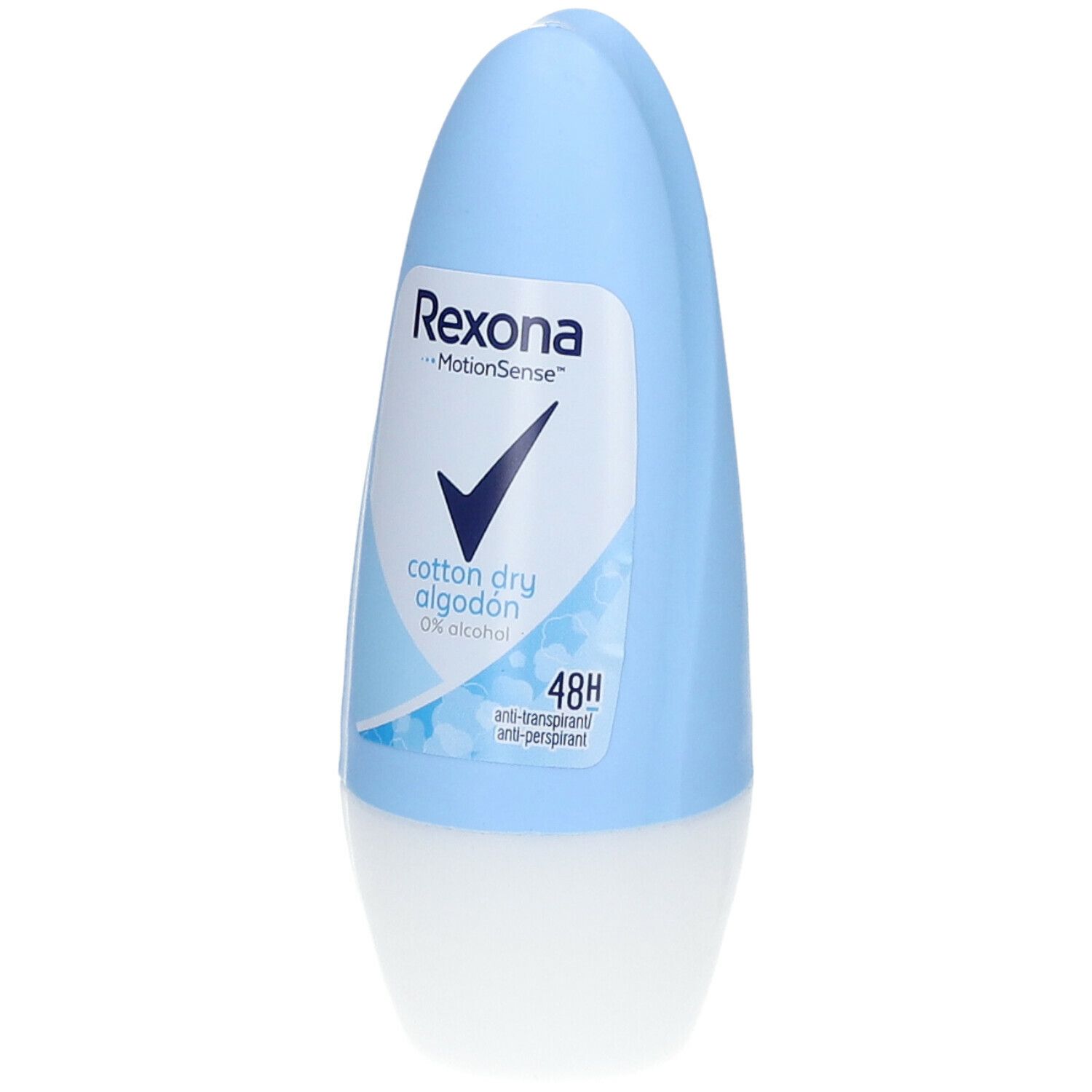 Lichtblauwe deodorantstick. Opschrift: Rexona MotionSense, Cotton Dry, 0% Alcohol, 48h. Wit etiket met blauwe vink.