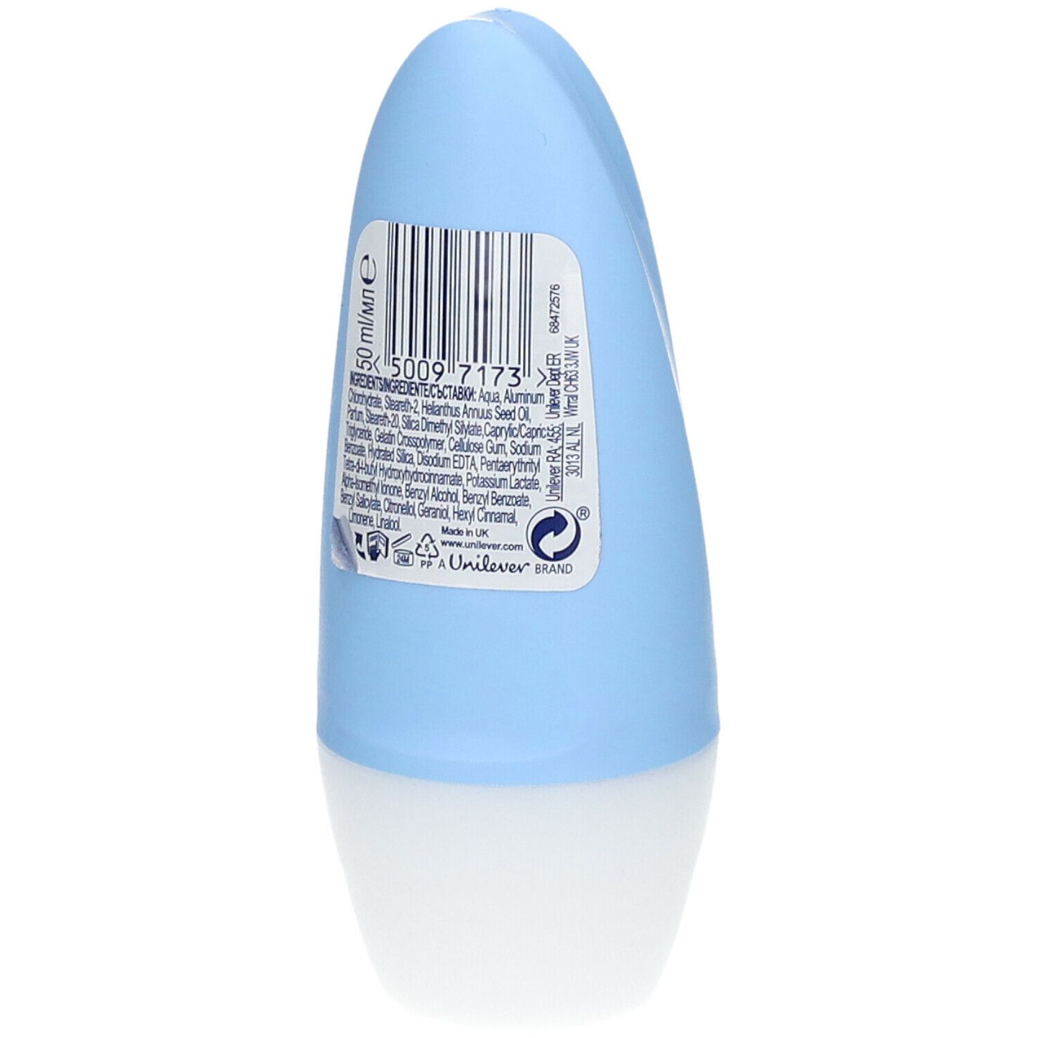 Lichtblauwe deodorantstick. Achterkant met barcode en ingrediënten. Unilever-logo.