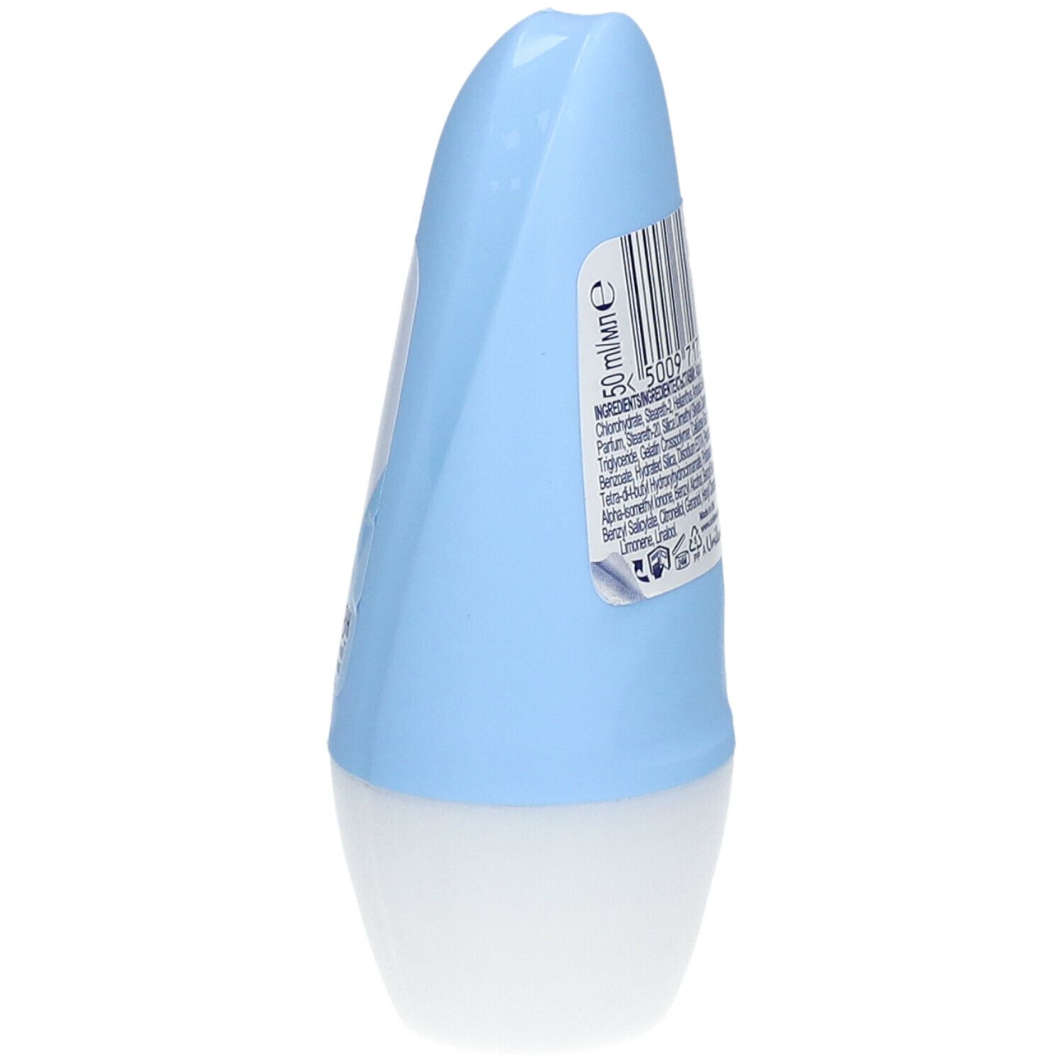 Lichtblauwe deodorantstick. Achterkant met barcode en ingrediënten. 50 ml.