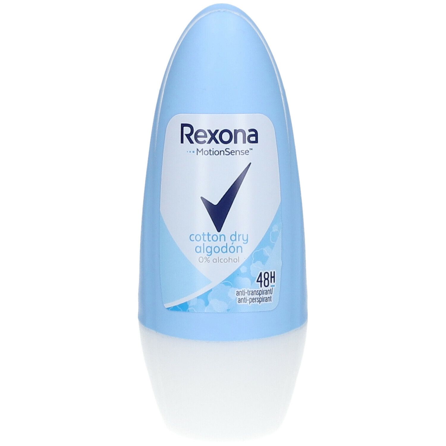 Lichtblauwe deodorantstick. Opschrift: Rexona MotionSense, Cotton Dry, 0% Alcohol, 48h. Wit etiket met blauwe vink.