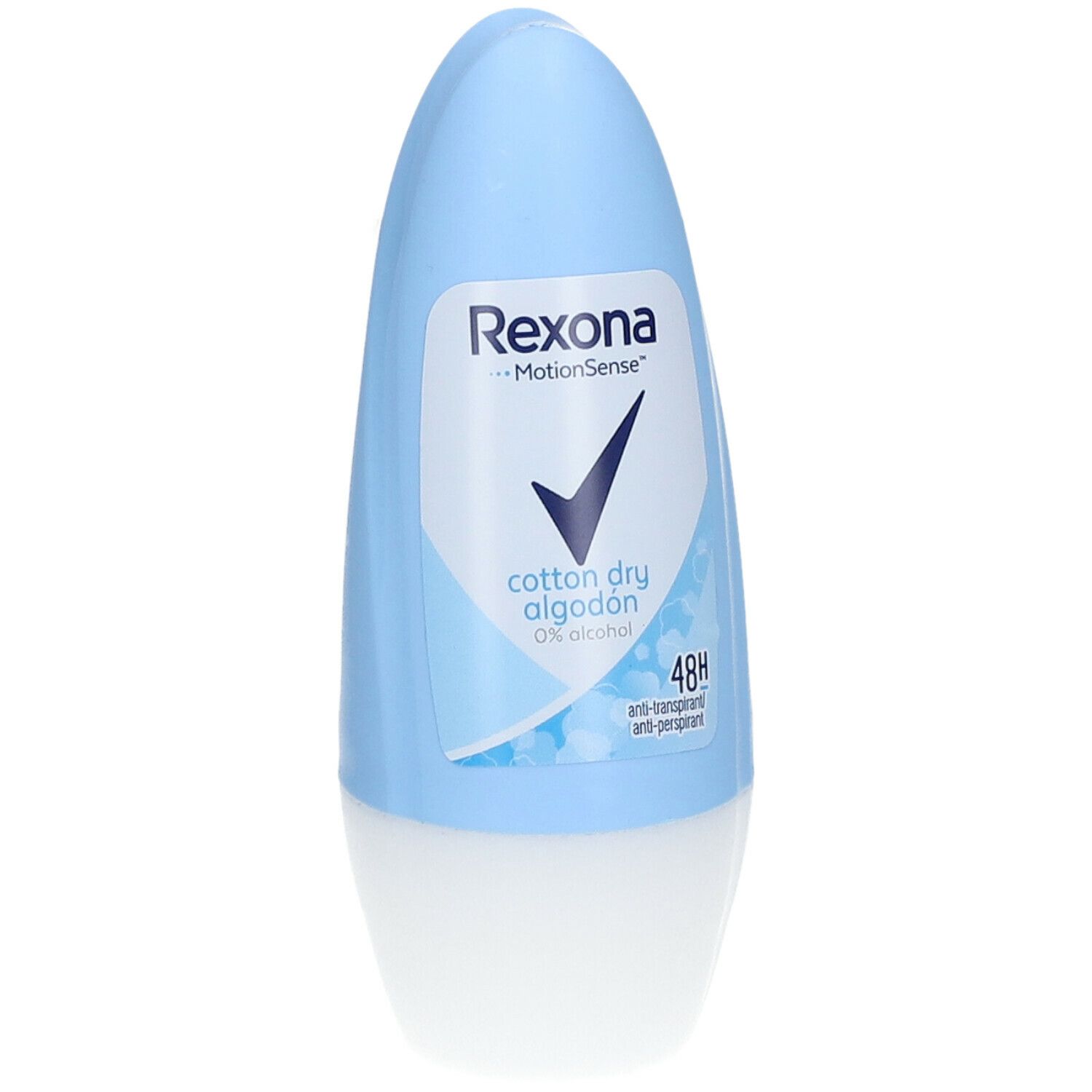 Lichtblauwe deodorantstick. Opschrift: Rexona MotionSense, Cotton Dry, 0% Alcohol, 48h. Wit etiket met blauwe vink.