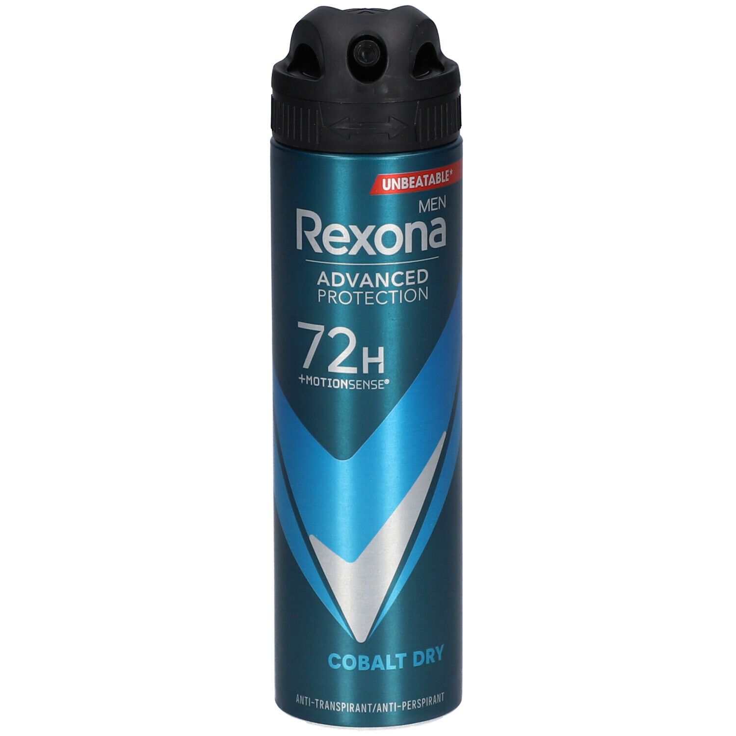 Blauw-zilveren spuitbus. Zwarte spuitkop. Opschrift: Rexona, Advanced Protection, 72H, Cobalt Dry.
