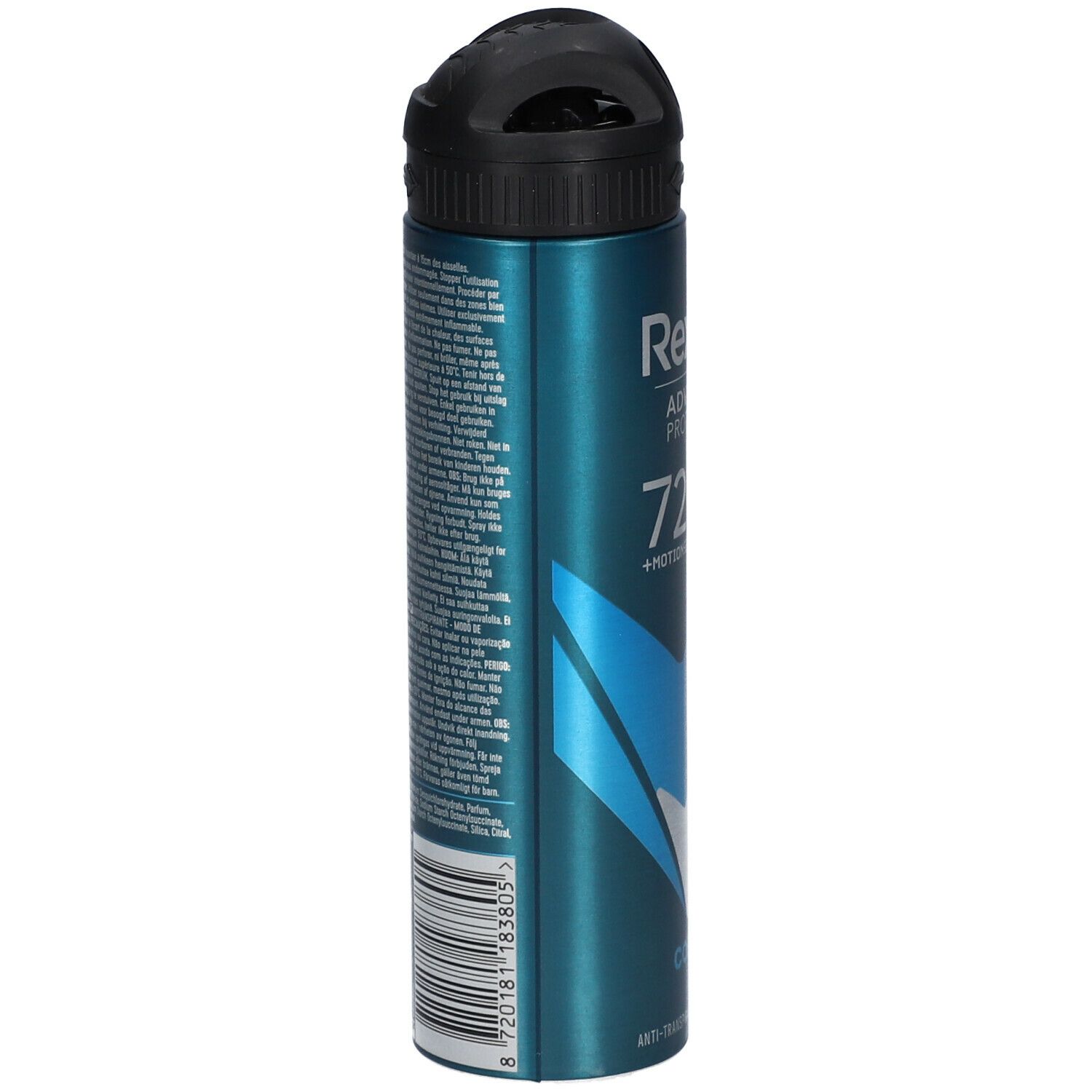 Blauw-zilveren spuitbus. Zwarte spuitkop. Achterkant met tekst en barcode. Anti-transpirant.