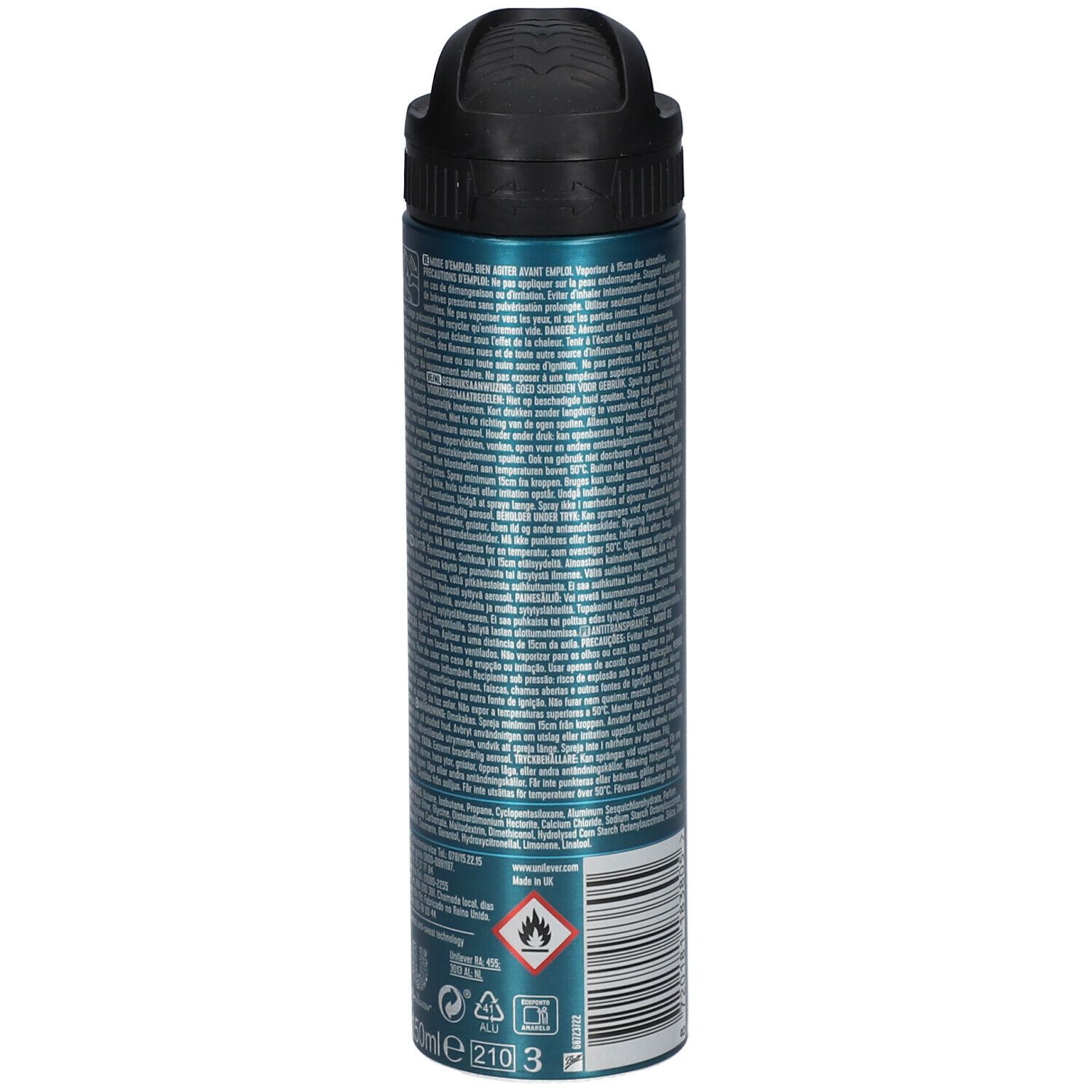 Blauw-zilveren spuitbus. Zwarte spuitkop. Achterkant met tekst, pictogrammen en barcode. 150ml.