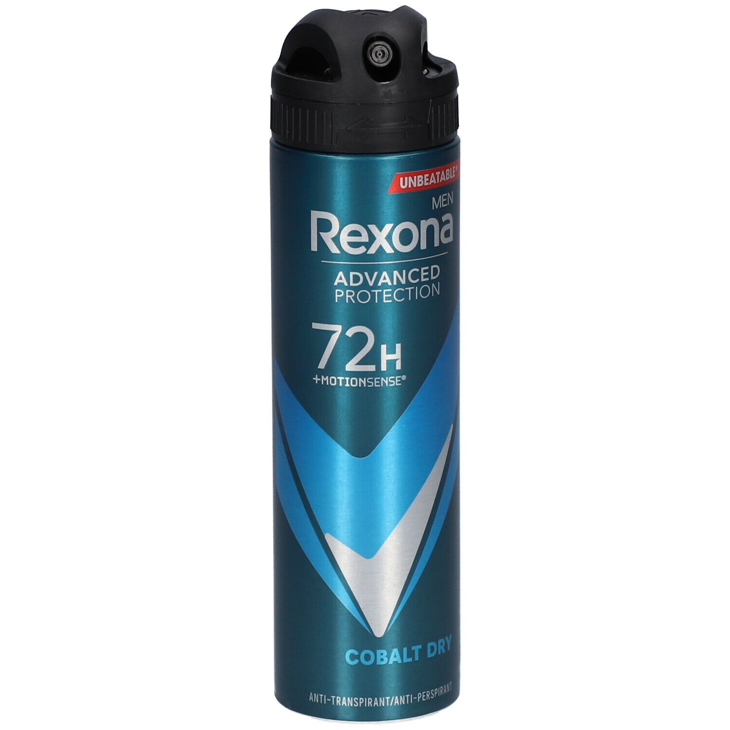 Blauw-zilveren spuitbus. Zwarte spuitkop. Opschrift: Rexona, Advanced Protection, 72H, Cobalt Dry.