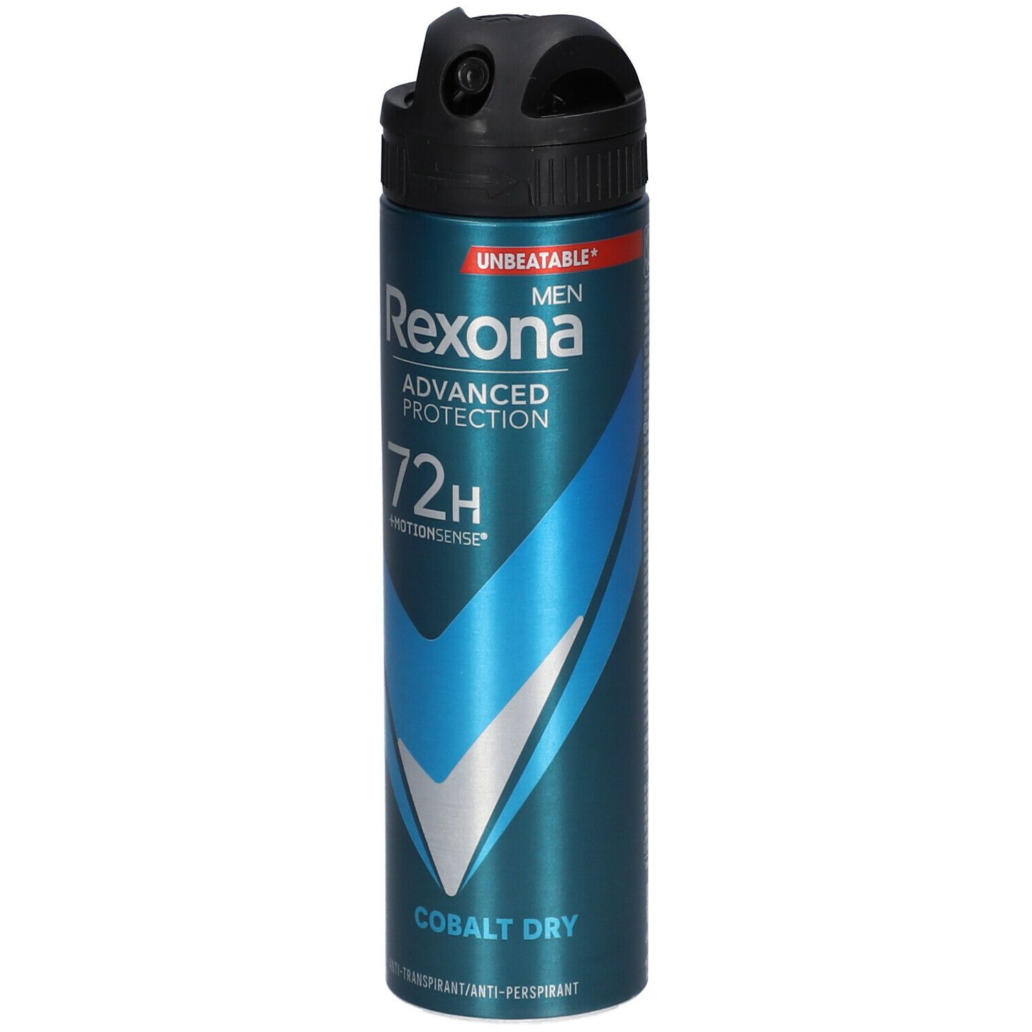 Blauw-zilveren spuitbus. Zwarte spuitkop. Opschrift: Rexona, Advanced Protection, 72H, Cobalt Dry.