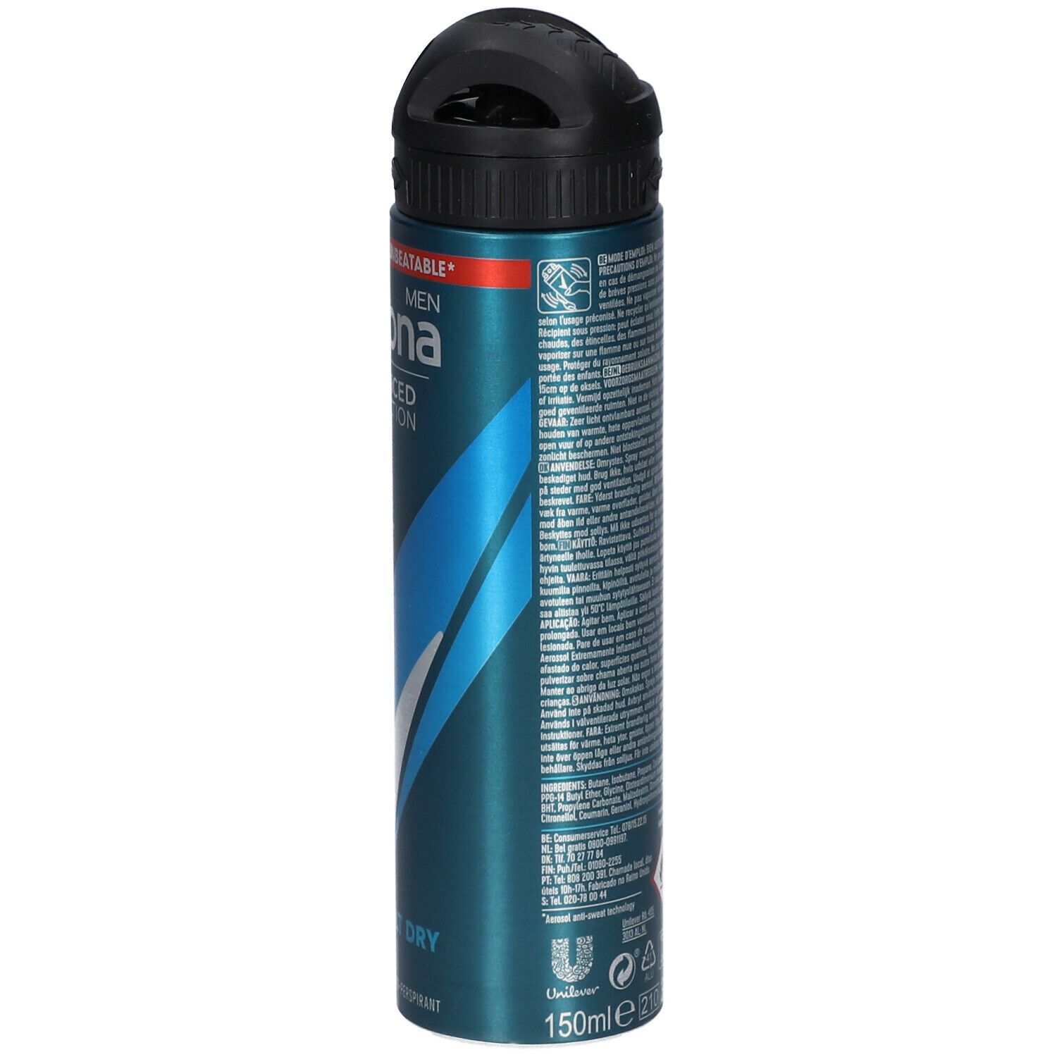 Blauw-zilveren spuitbus. Zwarte spuitkop. Achterkant met tekst, pictogrammen en barcode. 150ml.