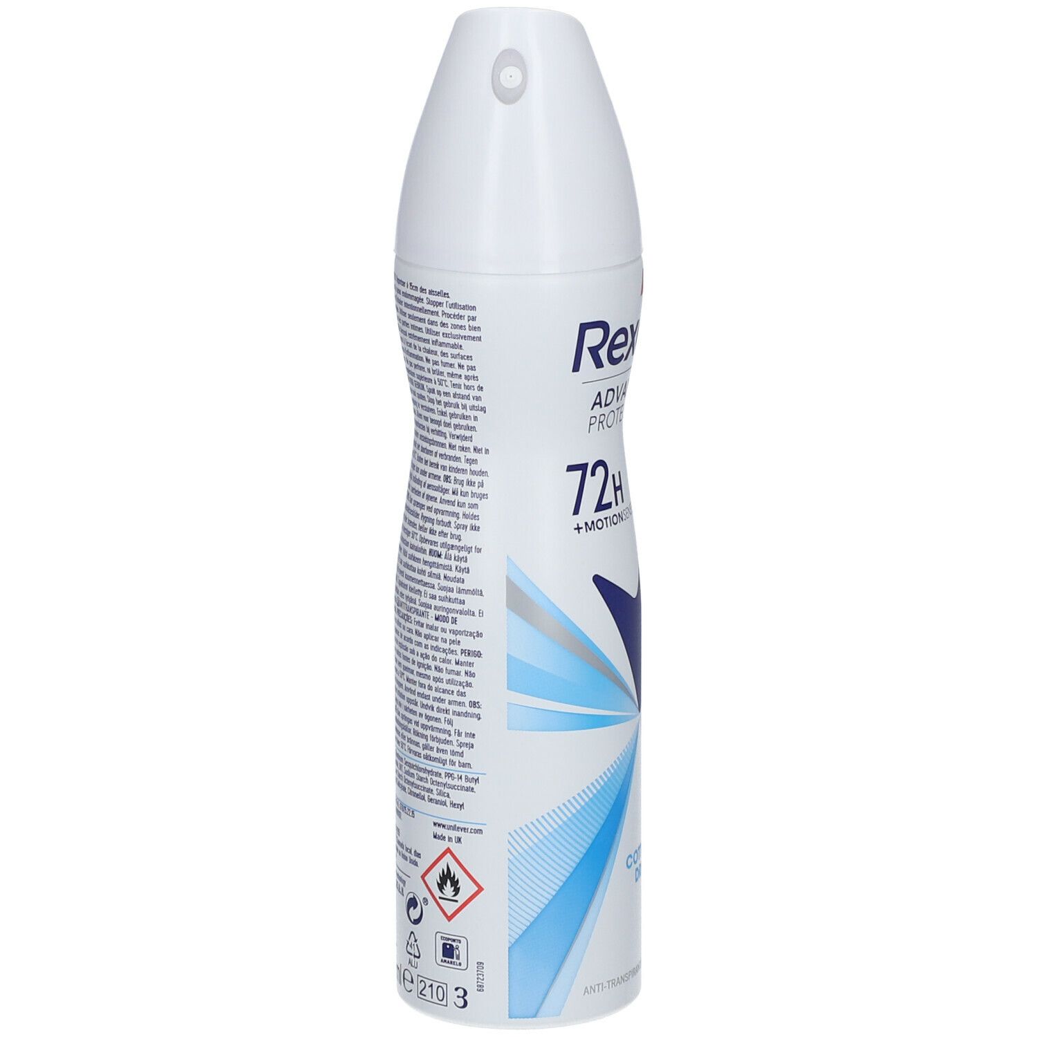 Vue latérale d'une bombe aérosol blanche. Texte et pictogrammes au dos. Contient des avertissements.
