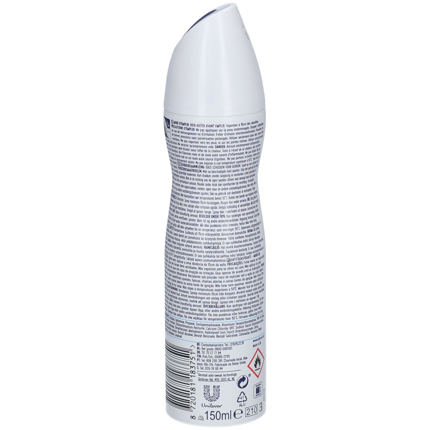Vue arrière d'une bombe aérosol blanche. Texte et pictogrammes. Contient des avertissements et des ingrédients.