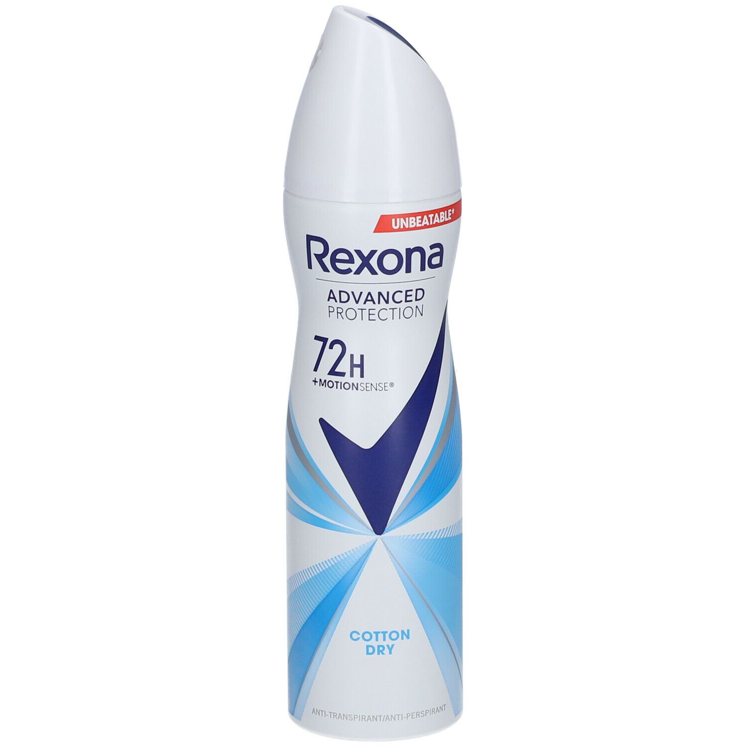 Bombe aérosol blanche et bleue. Texte: Rexona Advanced Protection 72h Cotton Dry. Graphique bleu en forme de coche.