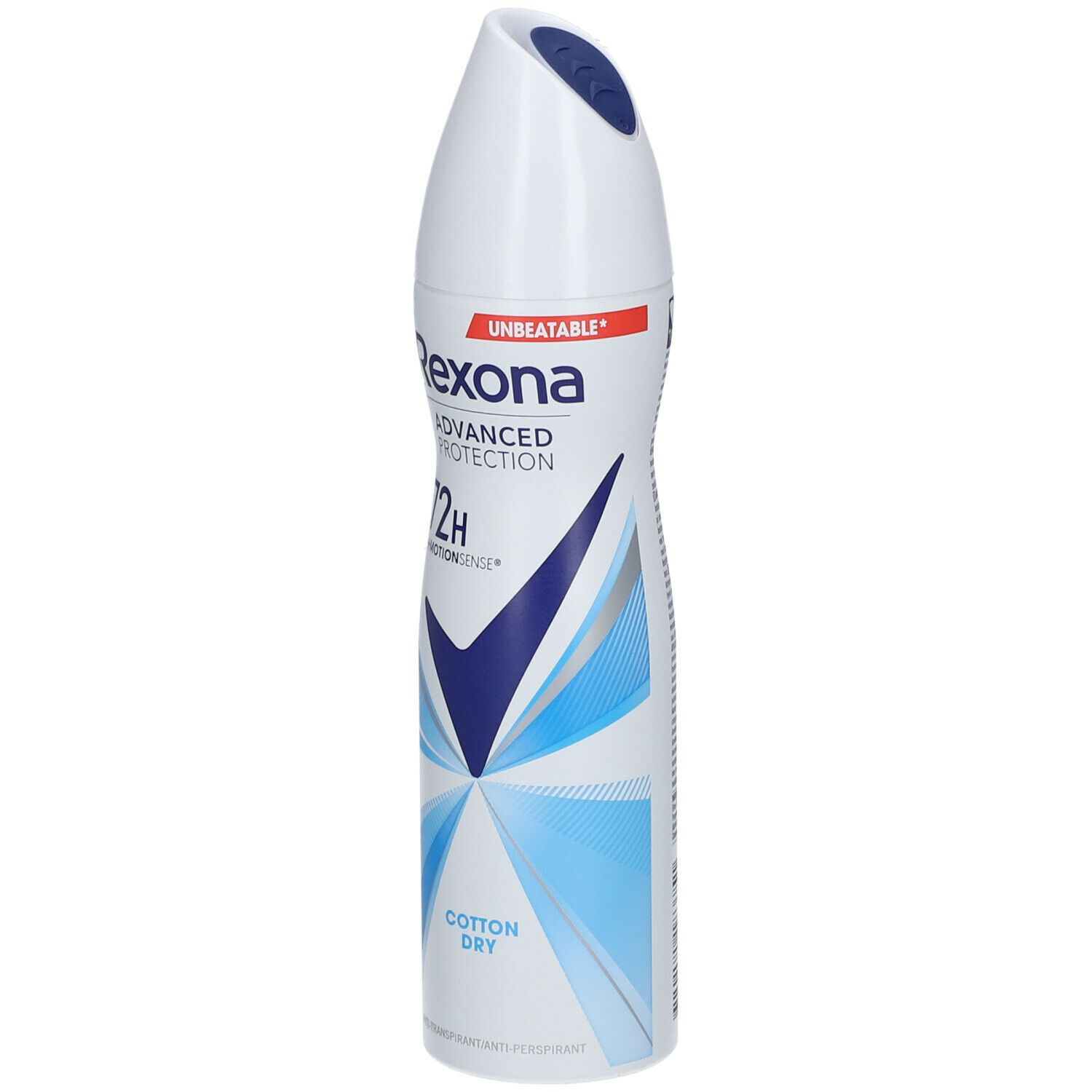 Bombe aérosol blanche et bleue. Texte: Rexona Advanced Protection 72h Cotton Dry. Graphique bleu en forme de coche.