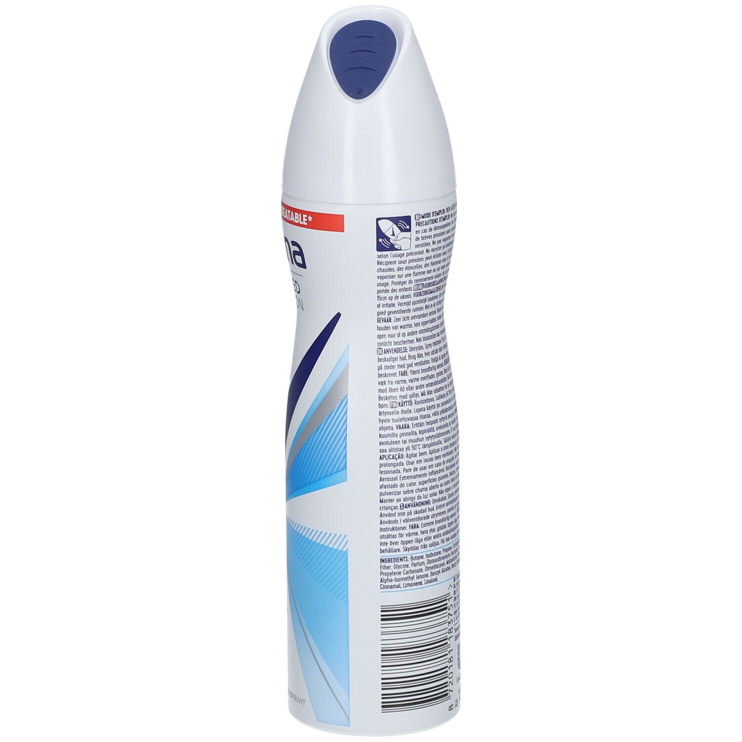 Vue latérale d'une bombe aérosol blanche. Texte et pictogrammes au dos. Contient des avertissements.