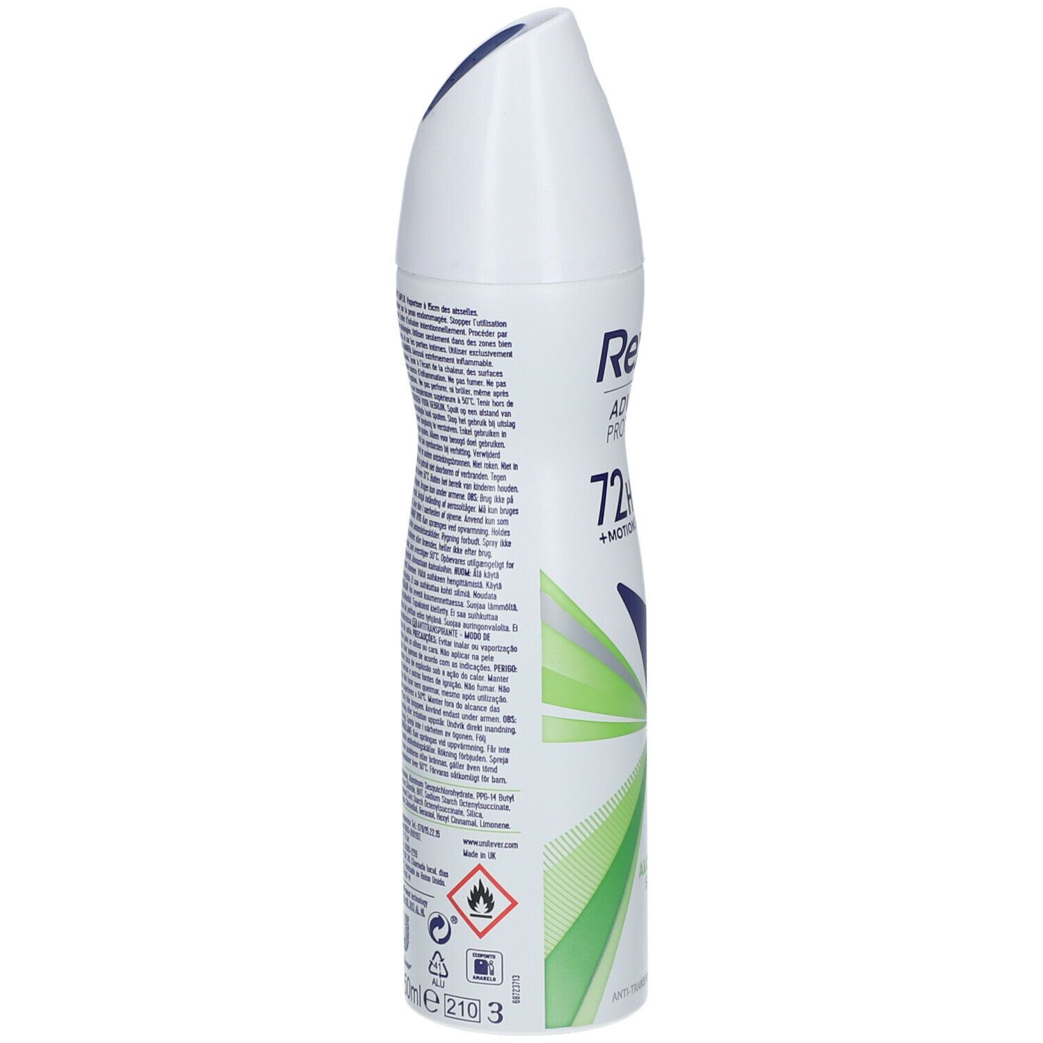 Witte deodorant spray fles met groene en blauwe elementen. Tekst: Rexona Advanced Protection 72h. Zijaanzicht.