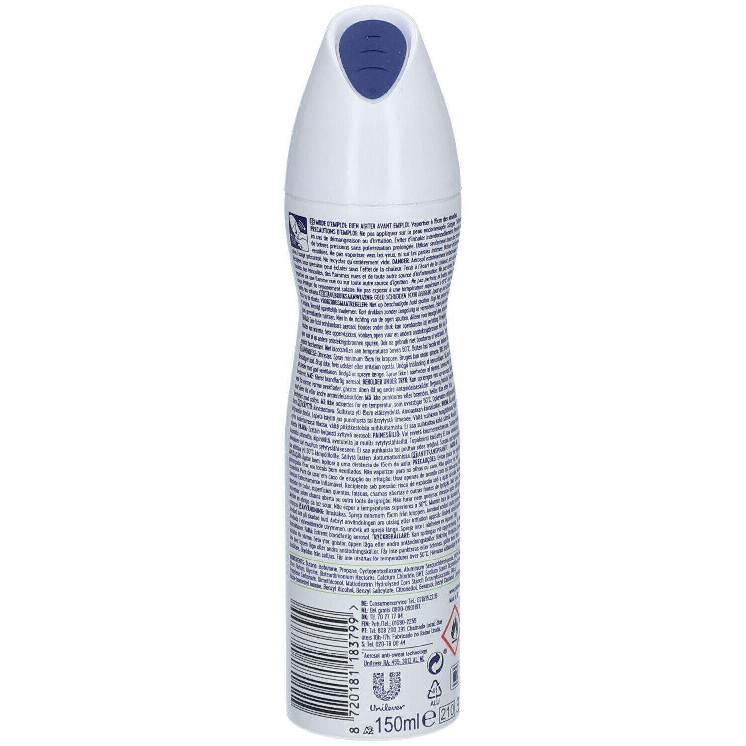 Achteraanzicht van een witte deodorant spray fles. Tekst en barcode zichtbaar. Opschrift: Rexona Advanced Protection.