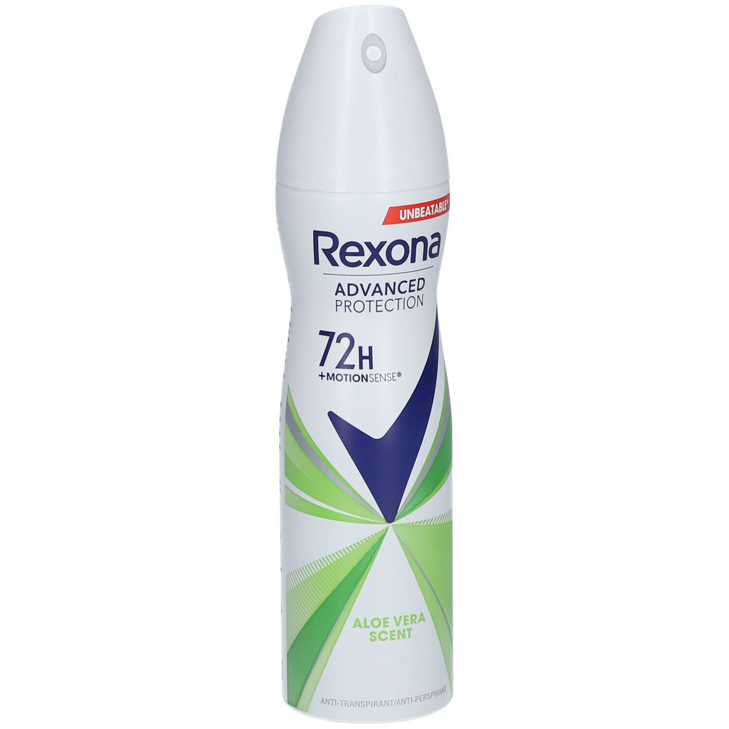 Witte deodorant spray met groene accenten. Opschrift: Rexona Advanced Protection 72h. Aloe Vera Scent.