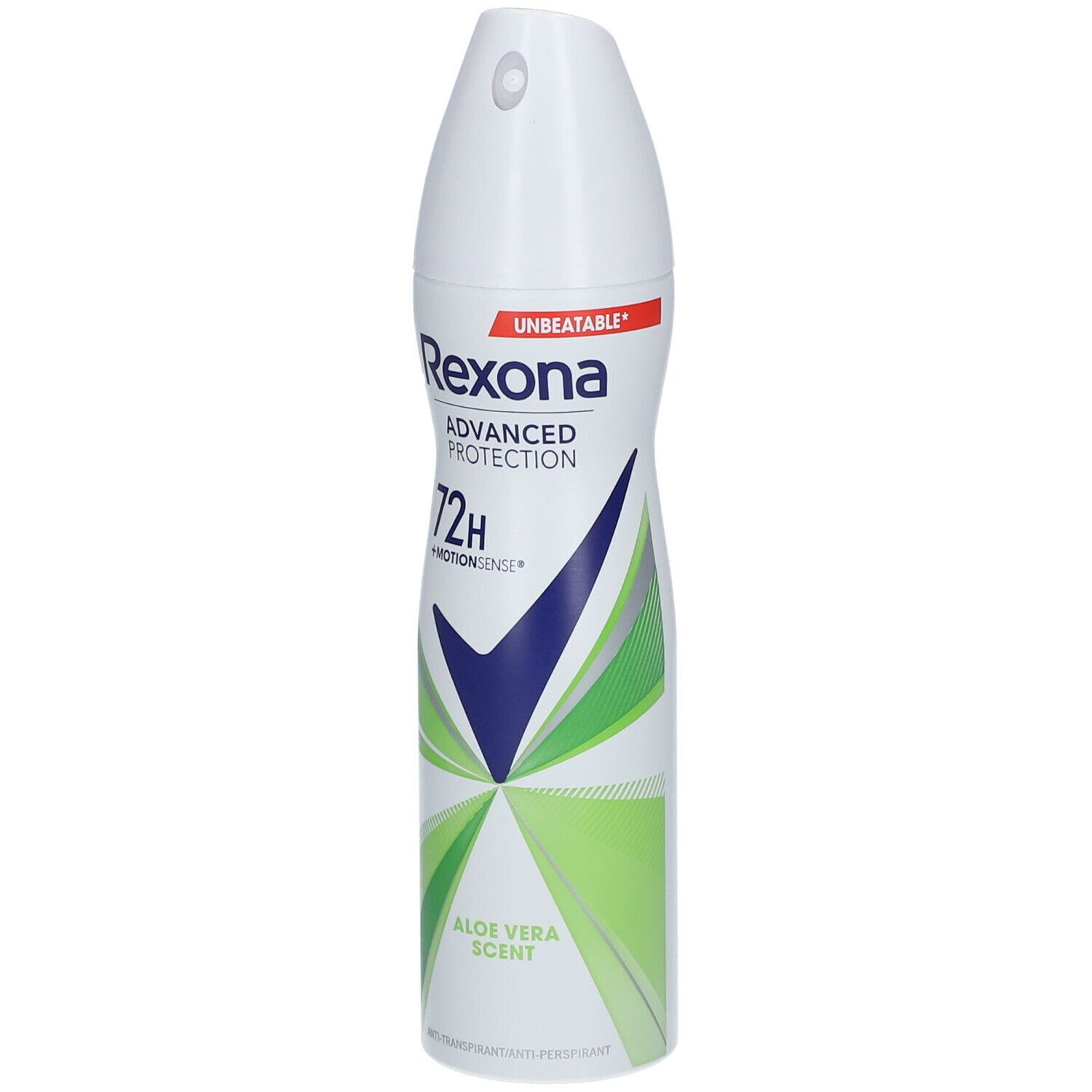 Witte deodorant spray met groene accenten. Opschrift: Rexona Advanced Protection 72h. Aloe Vera Scent.