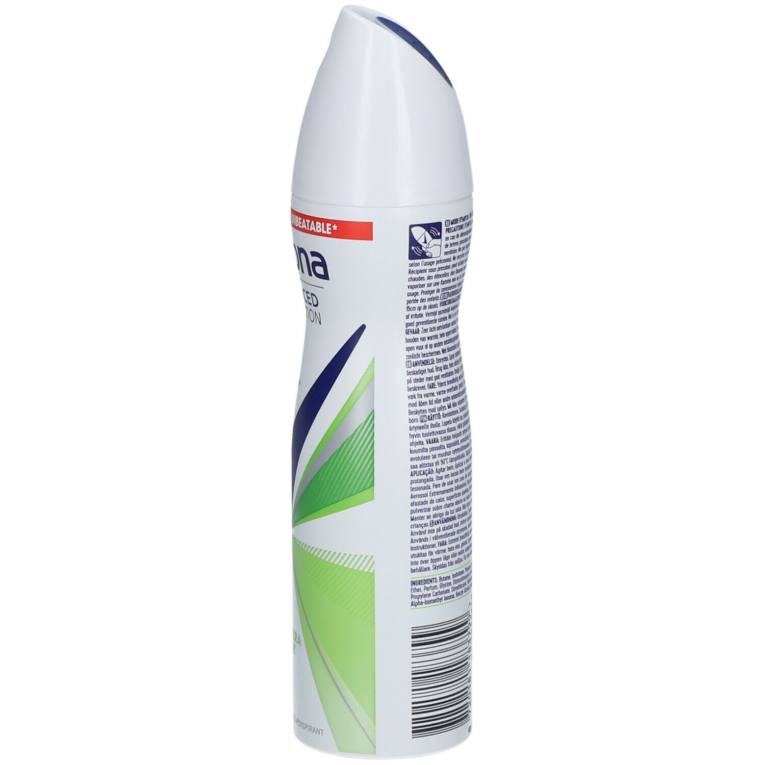 Witte deodorant spray fles met groene en blauwe elementen. Tekst: Rexona Advanced Protection 72h. Zijaanzicht.