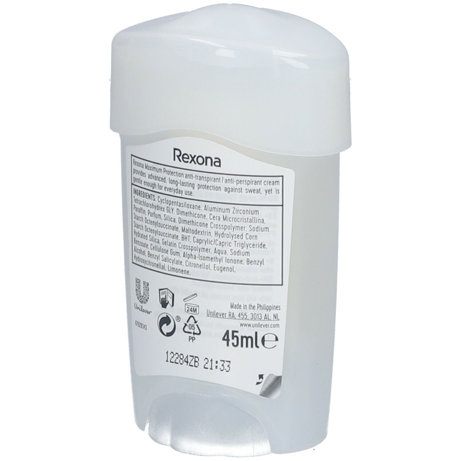 Weißer Deostick mit weißem Deckel. Aufkleber mit Text und Inhaltsstoffen. Schriftzug: Rexona, 45ml.