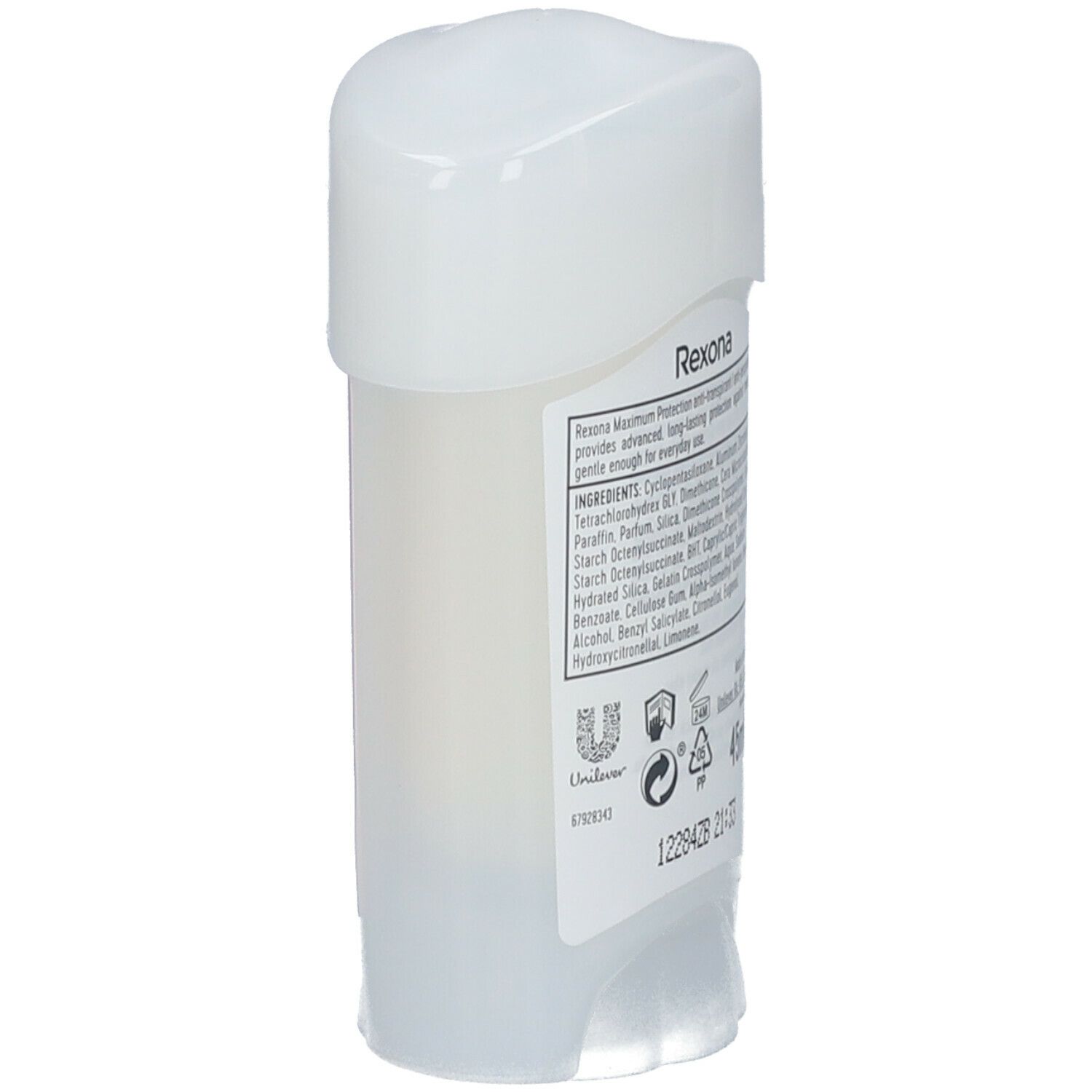 Weißer Deostick mit weißem Deckel. Aufkleber mit Text und Inhaltsstoffen. Schriftzug: Rexona.