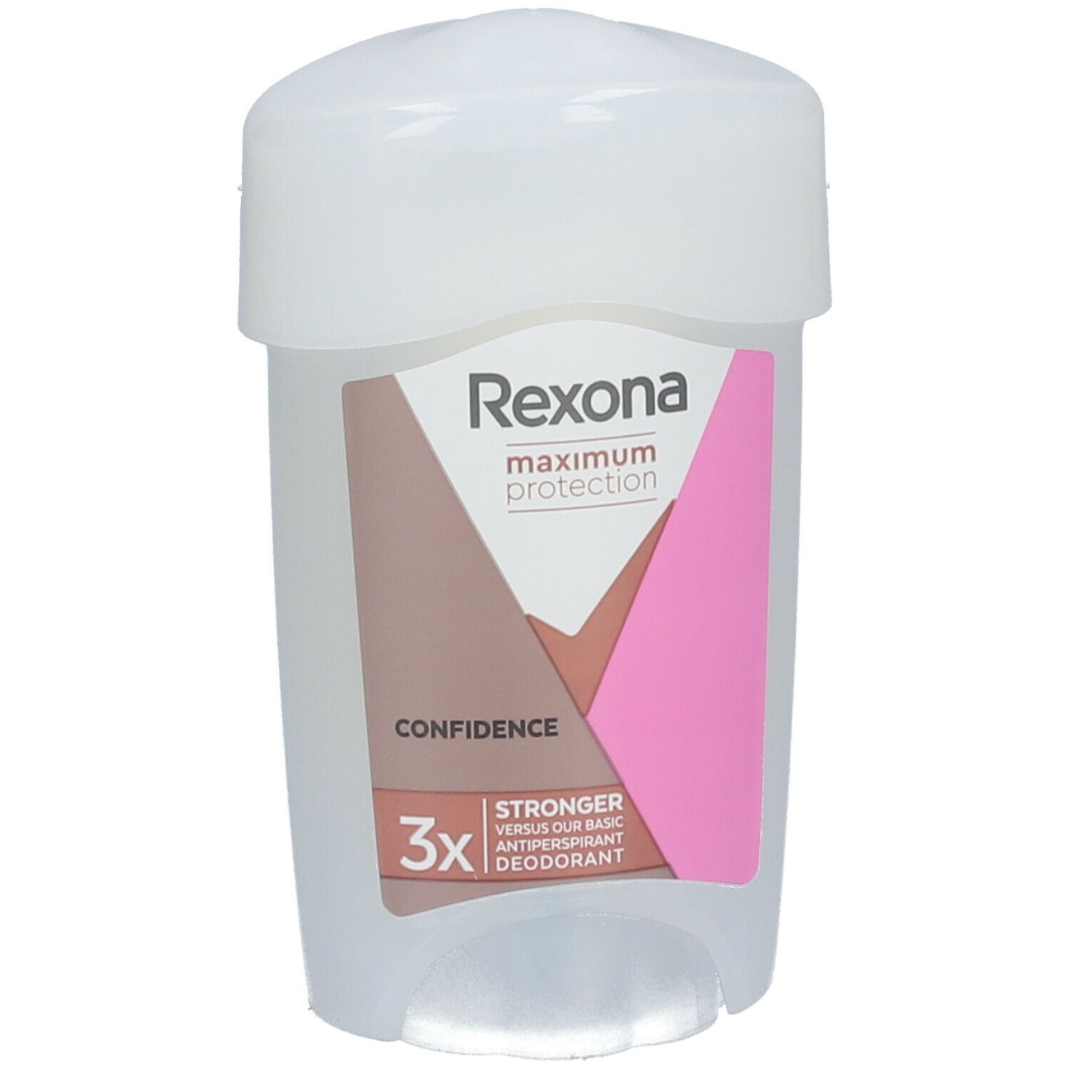 Weißer Deostick mit weißem Deckel. Aufkleber mit braunen und rosa Elementen. Schriftzug: Rexona, maximum protection, Confidence.