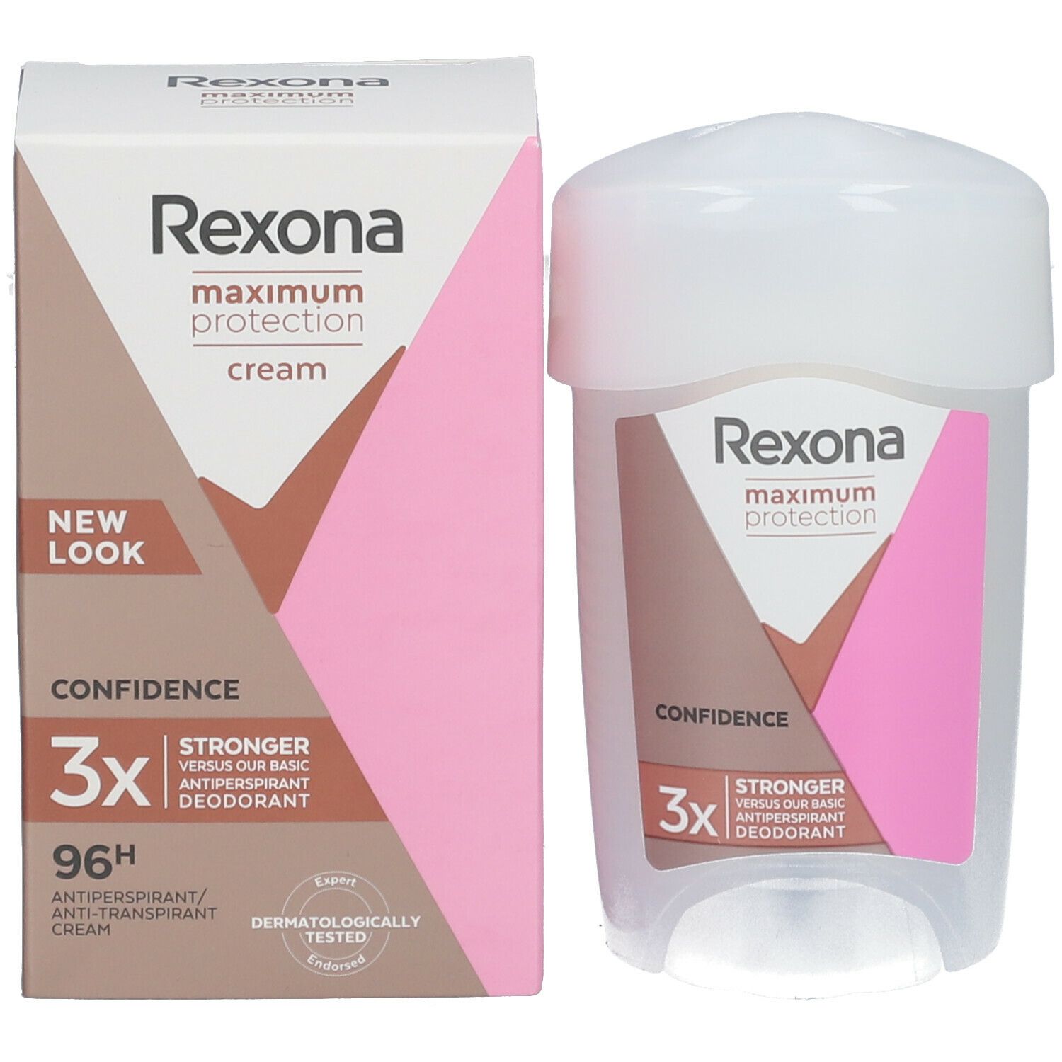 Deostick und Verpackung. Verpackung rosa mit weißem Deckel. Schriftzug: Rexona, maximum protection, Confidence, 96h.