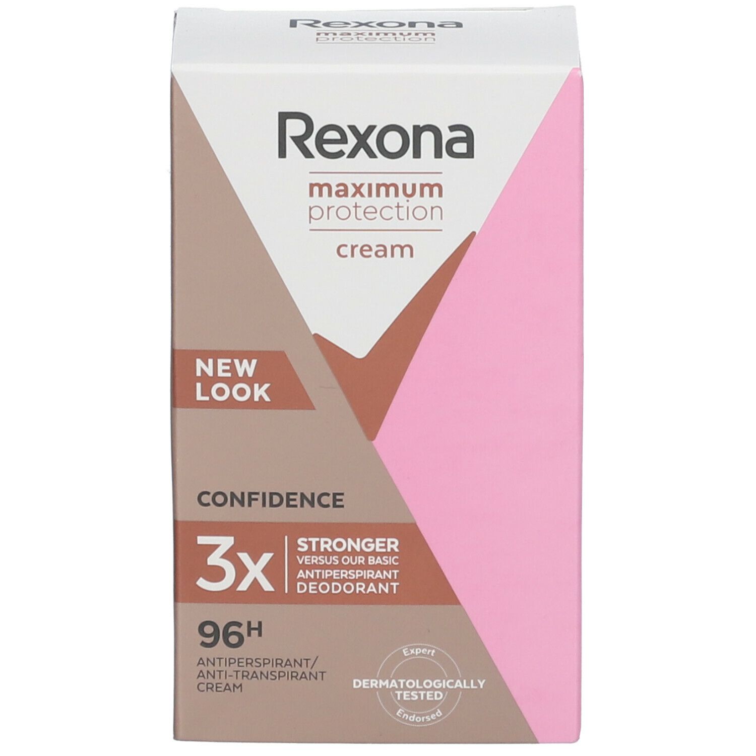 Rosa Verpackung mit weißem Deckel. Schriftzug: Rexona, maximum protection, Confidence, 96h. Aufdruck: Dermatologisch getestet.