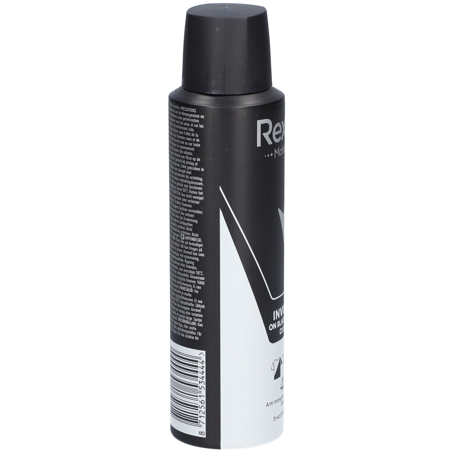 Zwart-witte deodorant spray met tekst en barcode. Achterkant met tekst in verschillende talen.