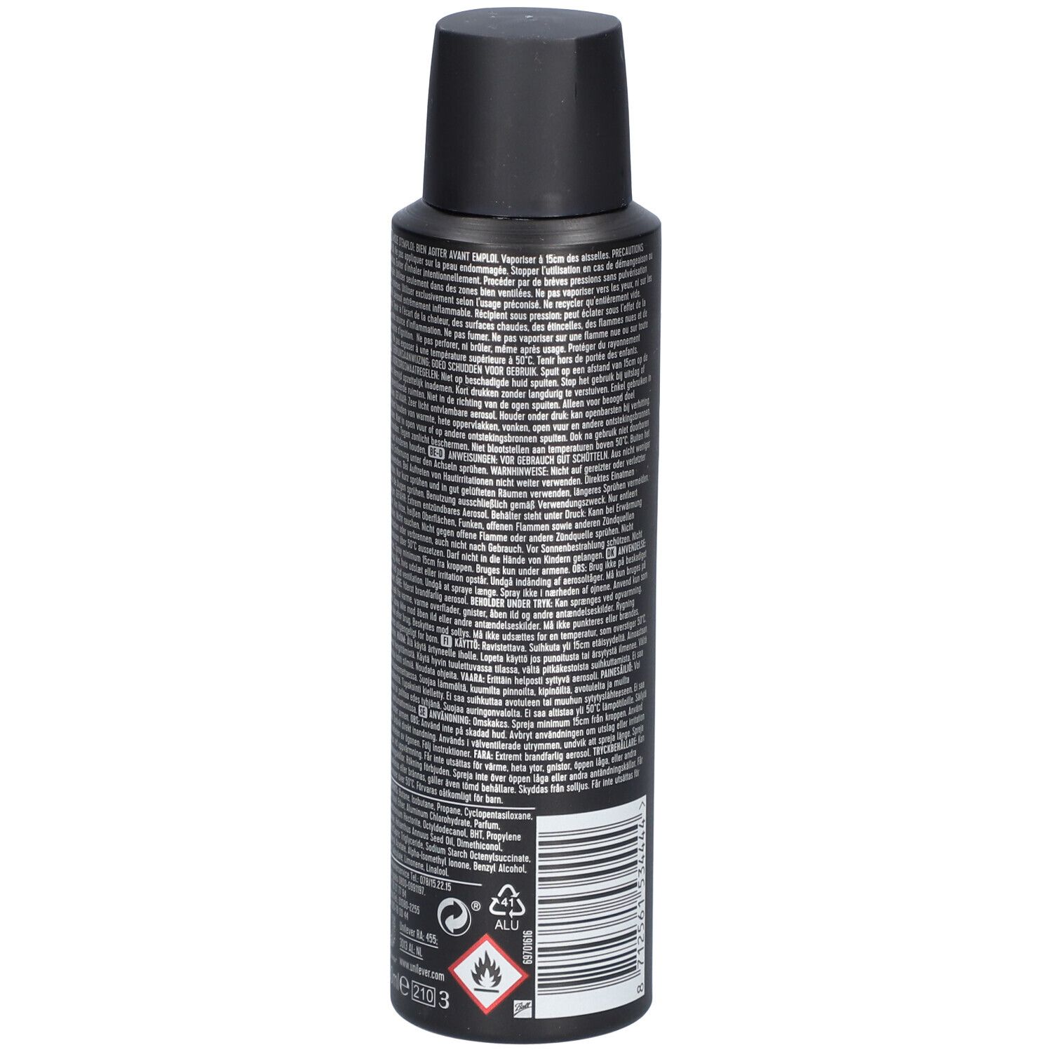 Zwarte deodorant spray met tekst. Achterkant met tekst in verschillende talen, waarschuwingssymbolen en barcode.