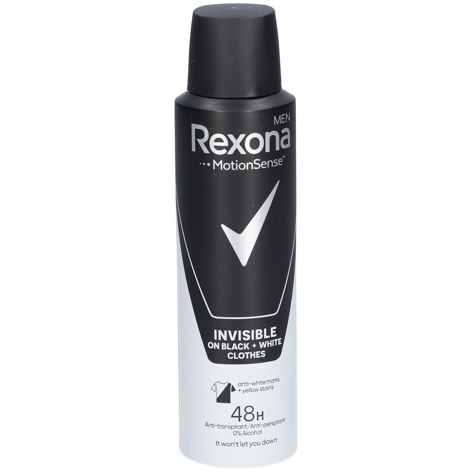 Zwart-witte deodorant spray met merknaam en productnaam. Bevat een witte vink en tekst voor onzichtbare kleding.