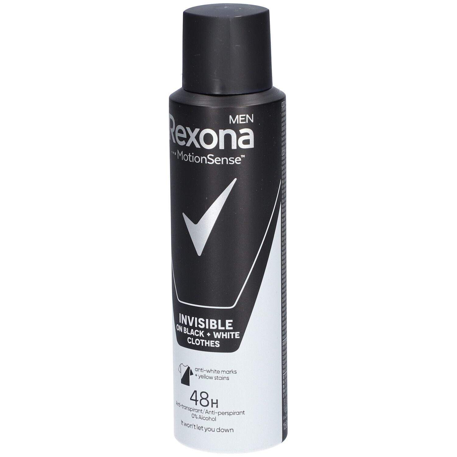 Zwart-witte deodorant spray met merknaam en productnaam. Bevat een witte vink en tekst voor onzichtbare kleding.