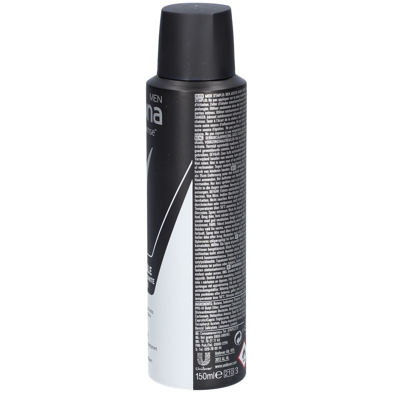 Zwarte deodorant spray met tekst. Achterkant met tekst in verschillende talen, waarschuwingssymbolen en barcode.