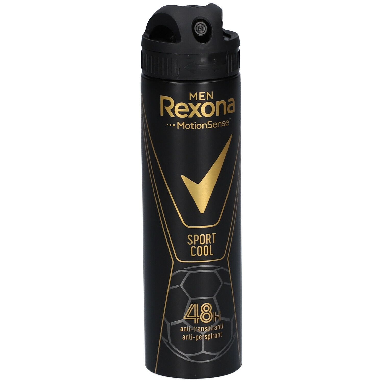 Bombe aérosol noire avec texte doré. "Rexona Men MotionSense Sport Cool" et un symbole de coche sont visibles.
