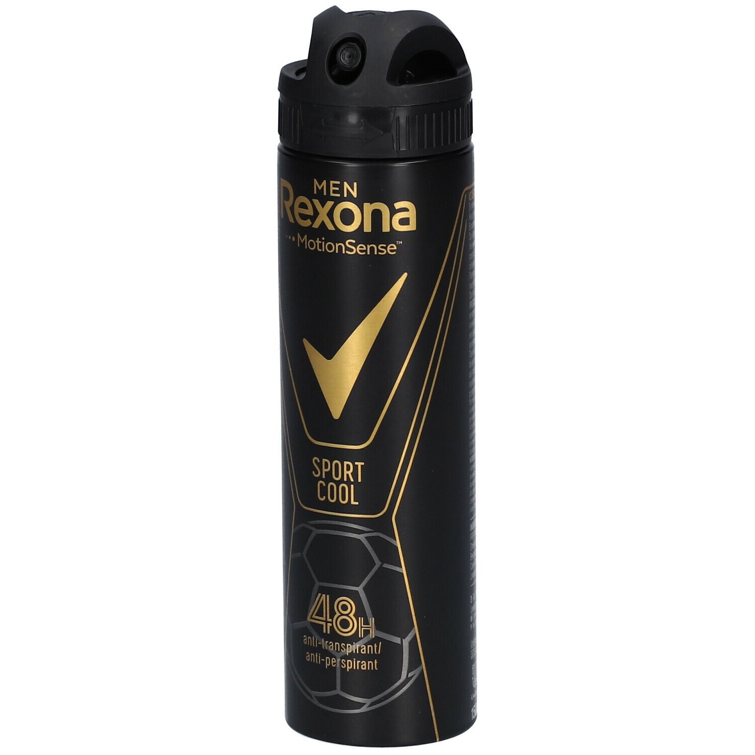 Bombe aérosol noire avec texte doré. "Rexona Men MotionSense Sport Cool" et un symbole de coche sont visibles.