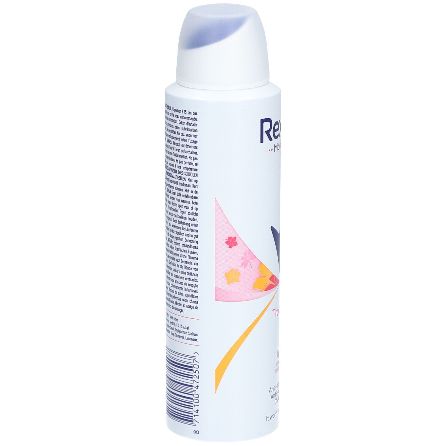 Deospray-Rückseite. Text: Produktinformationen, Inhaltsstoffe, Warnhinweise. Floral Muster. 150ml.