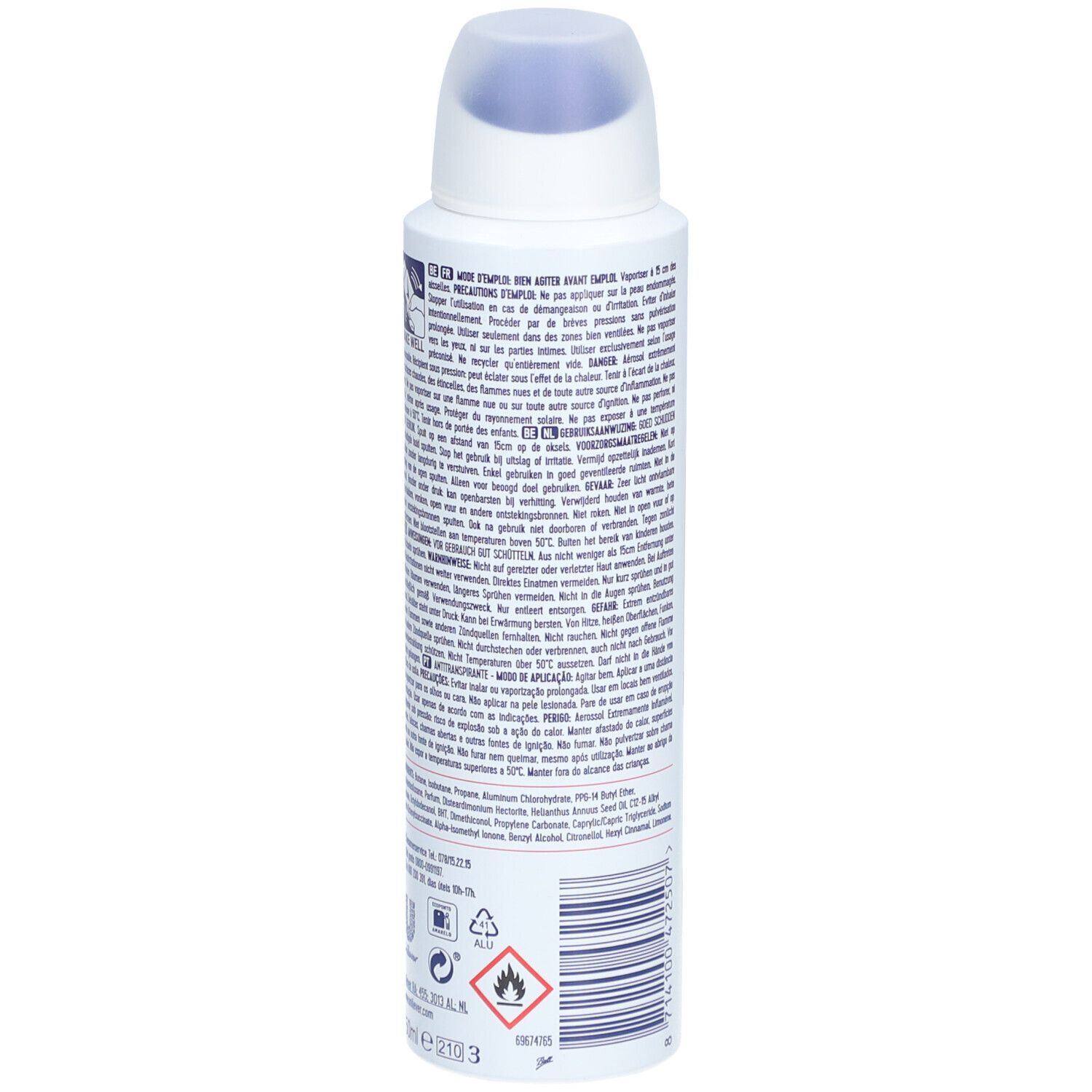 Rückseite des Deosprays. Text: Warnhinweise, Inhaltsstoffe, Herstellerinformationen, Symbole.