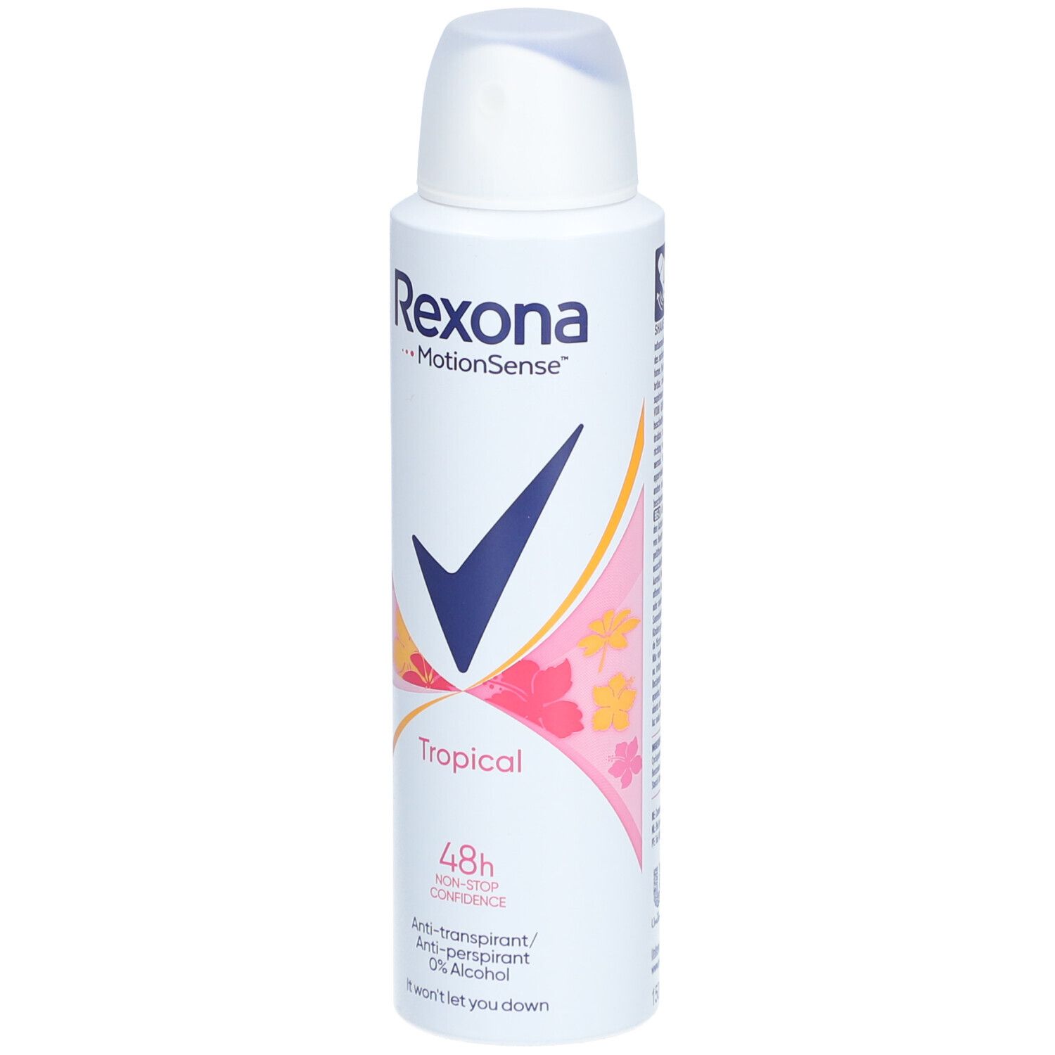 Weißes Deospray mit blauer Markierung und floralem Muster. Text: Rexona MotionSense Tropical 48h.
