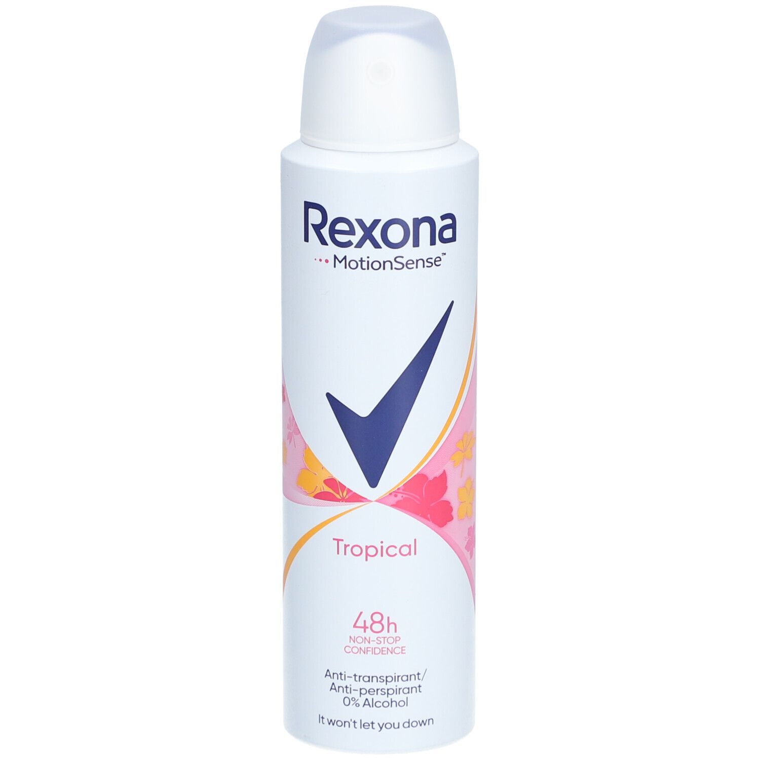 Weißes Deospray mit blauer Markierung und floralem Muster. Text: Rexona MotionSense Tropical 48h.