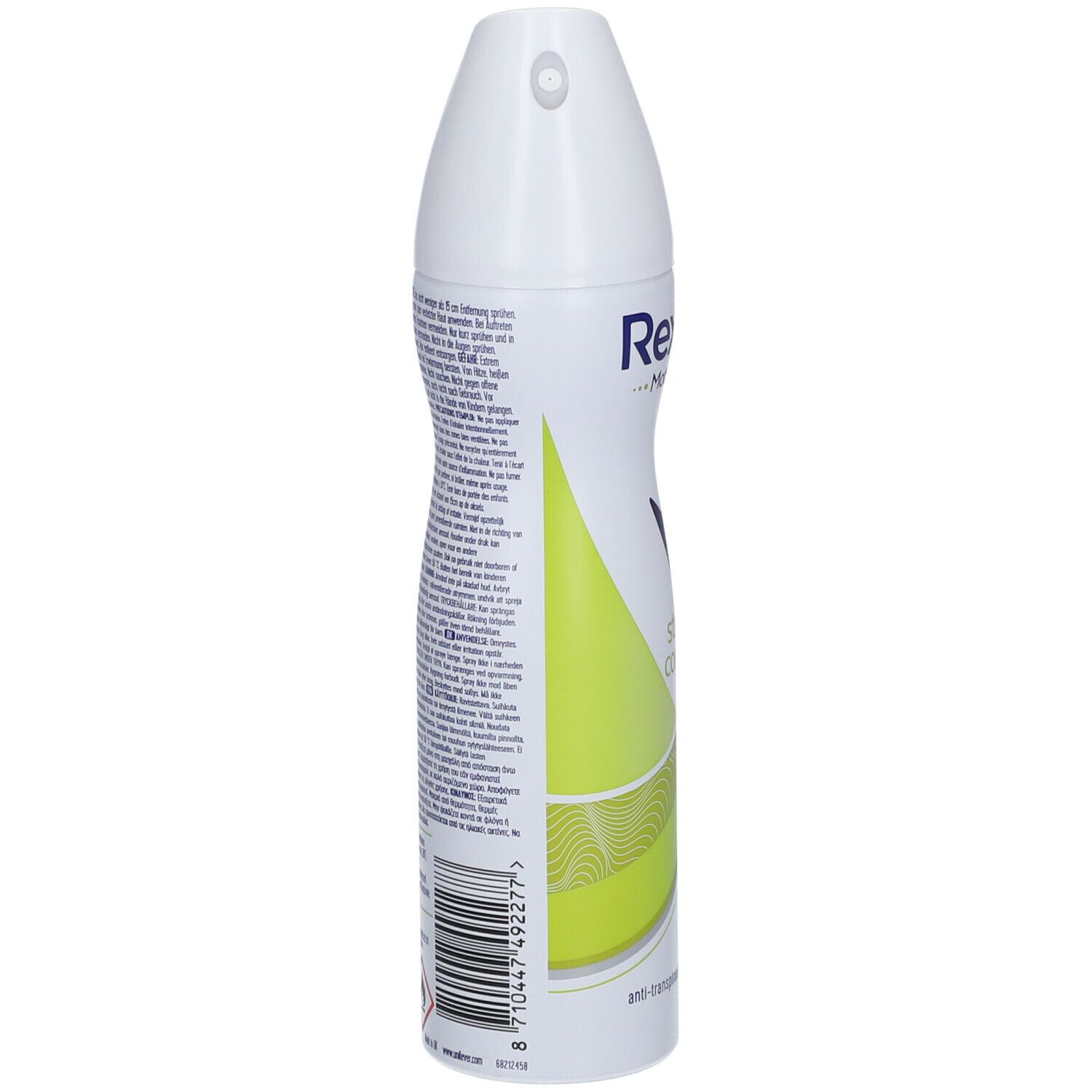Deospray-Rückseite mit Text. Hauptsächlich weiß mit grünen und blauen Akzenten. Barcode und Warnhinweise.