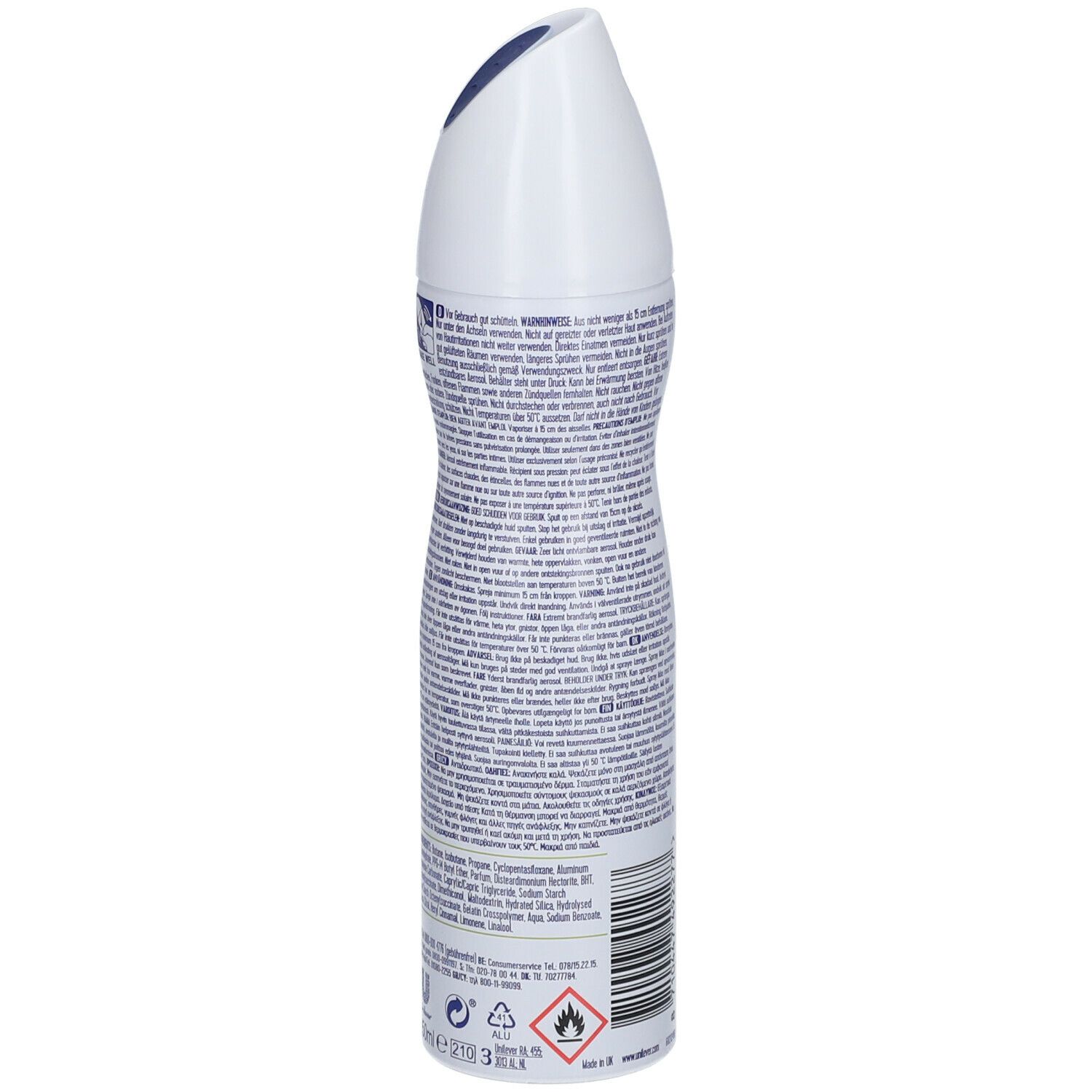 Deospray-Rückseite mit Text. Weiß mit blauen und grünen Akzenten. Barcode, Warnhinweise und Piktogramme.