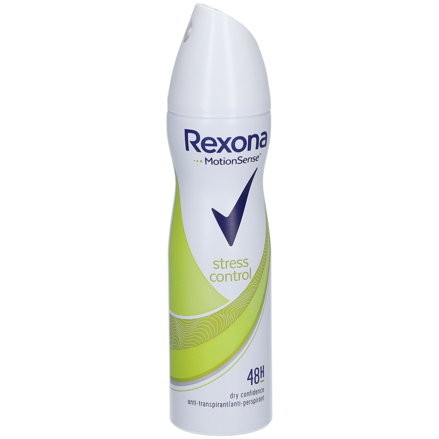 Weißes Deospray mit grünen Akzenten. Aufschrift: Rexona MotionSense, Stress Control, 48h. Blauer Haken.