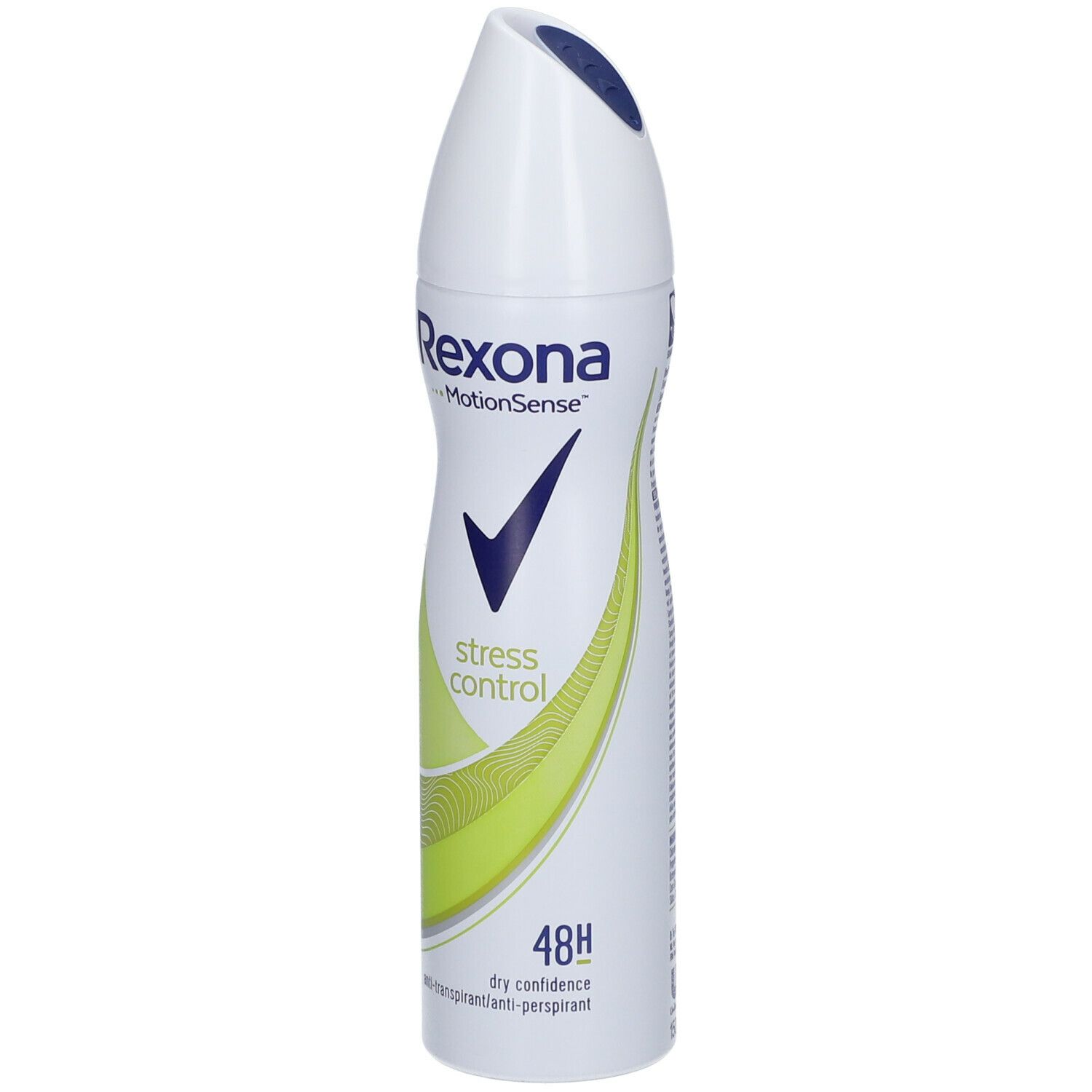 Weißes Deospray mit grünen Akzenten. Aufschrift: Rexona MotionSense, Stress Control, 48h. Blauer Haken.