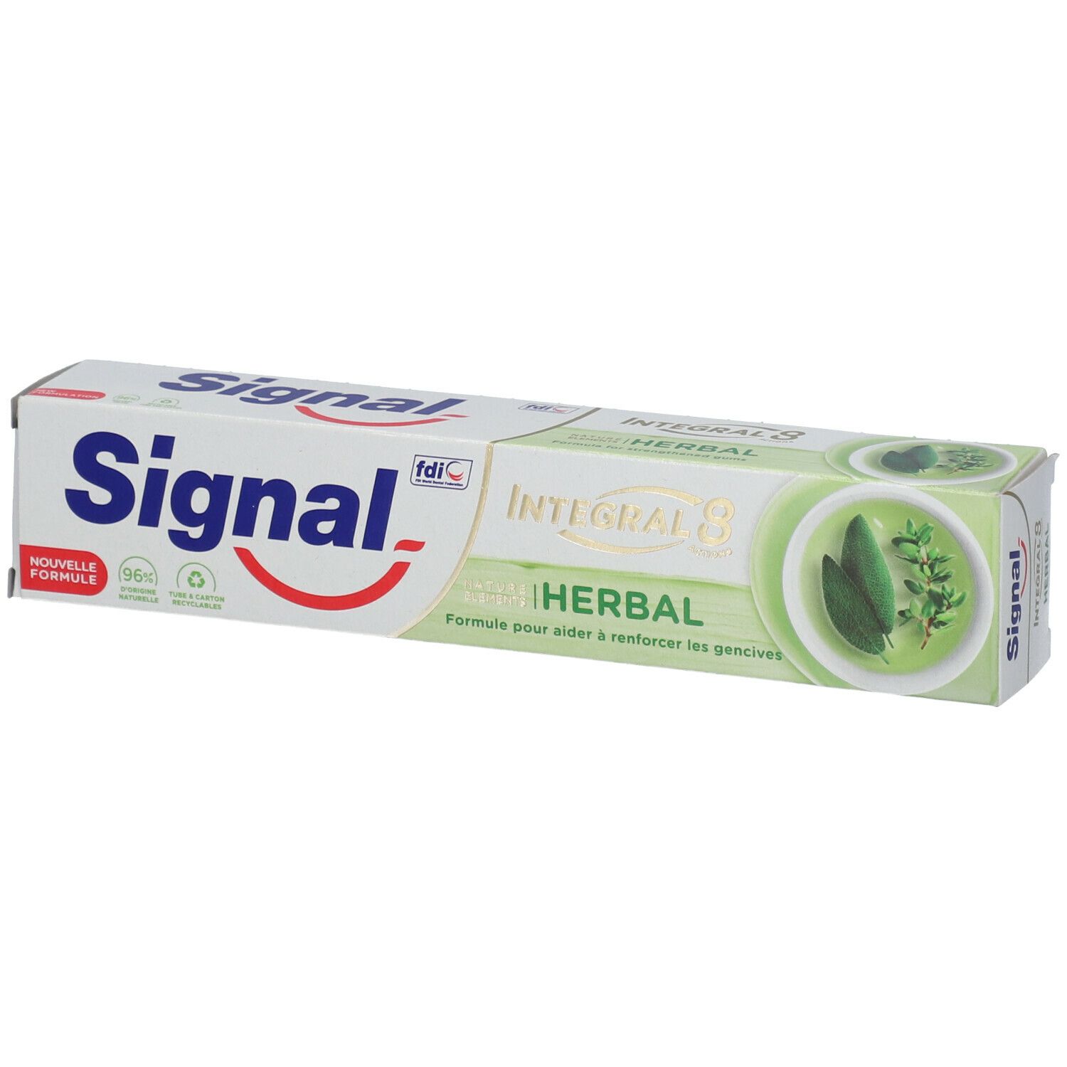 Tube et emballage de dentifrice Signal Herbal. Tube blanc, texte bleu. Image d'herbes vertes.