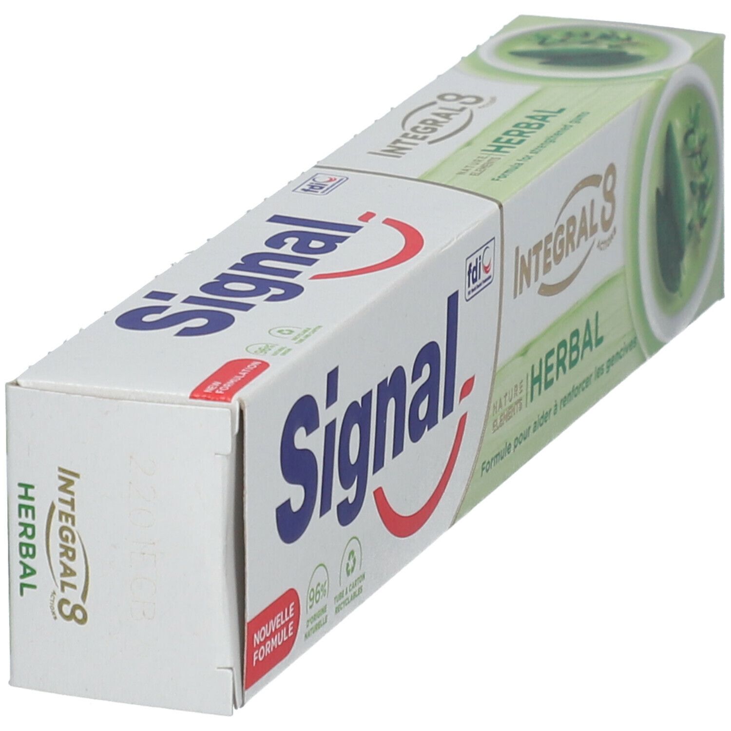 Emballage de dentifrice Signal Herbal. Blanc avec texte bleu et vert. Image d'herbes. Forme rectangulaire.