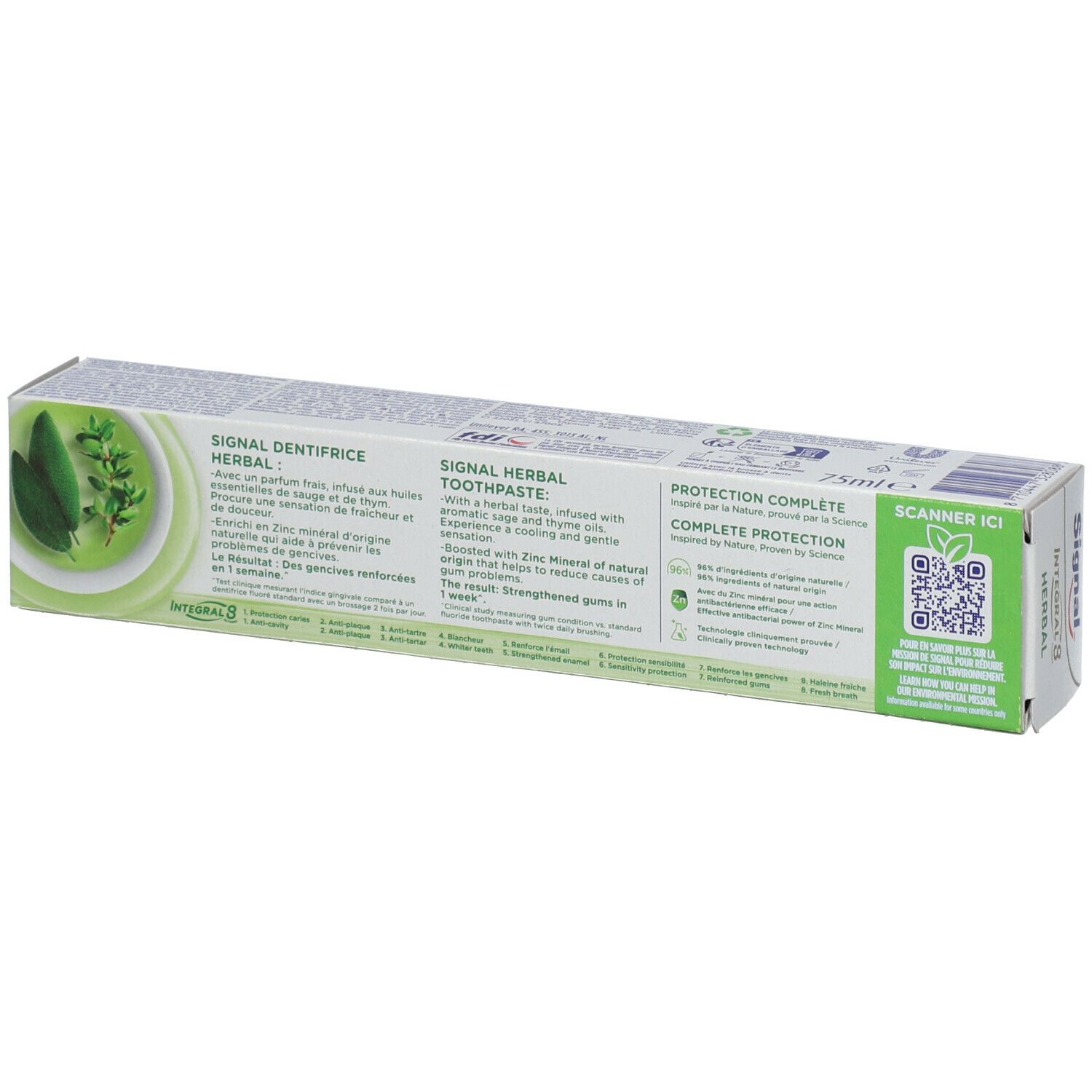 Dos de l'emballage de dentifrice Signal Herbal. Texte multilingue. Image d'herbes. Code QR.