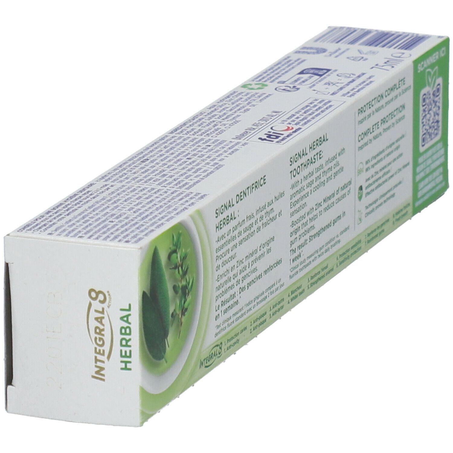 Emballage de dentifrice Signal Herbal. Texte multilingue. Image d'herbes. Forme rectangulaire.