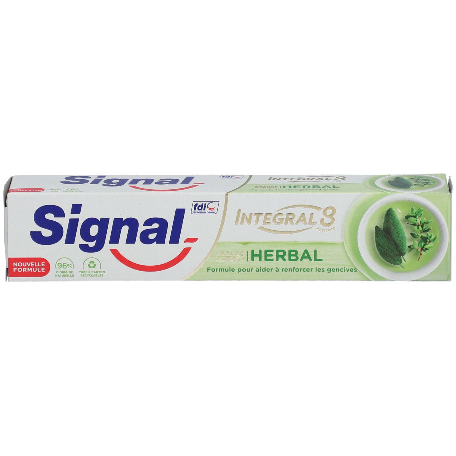 Tube et emballage de dentifrice Signal Herbal. Tube blanc, texte bleu. Image d'herbes vertes.