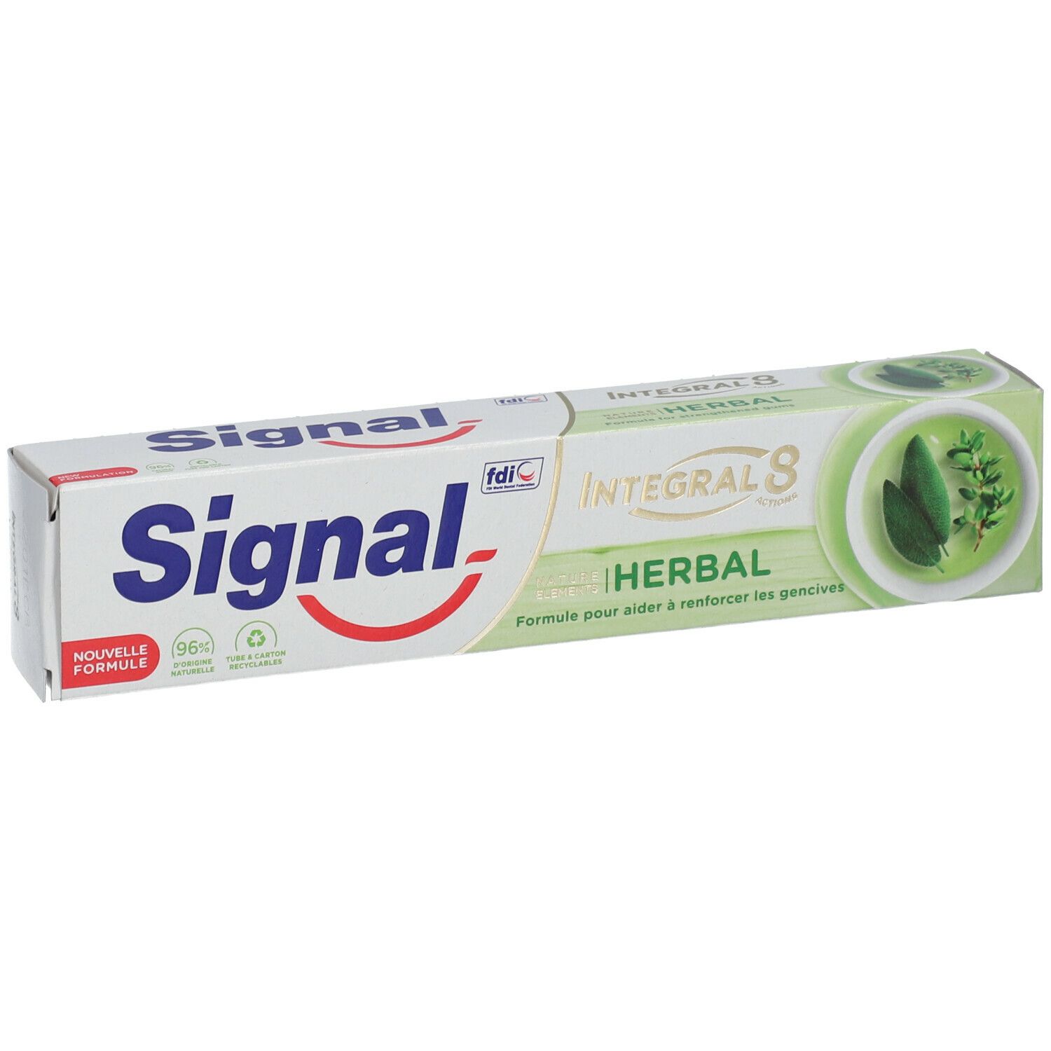 Tube et emballage de dentifrice Signal Herbal. Tube blanc, texte bleu. Image d'herbes vertes.