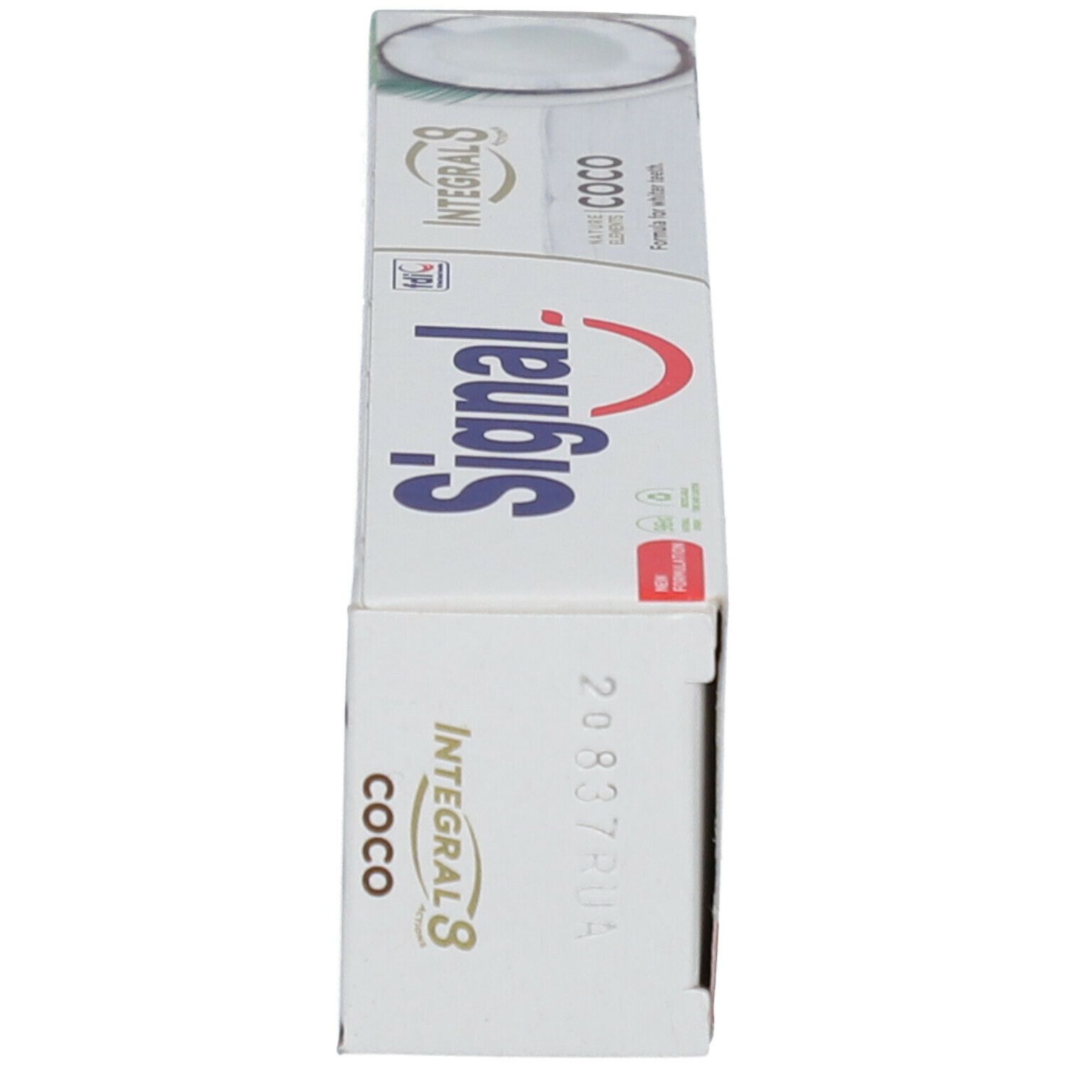 Emballage de dentifrice, vue latérale. Signal Integral 8 Coco. Texte et logo.