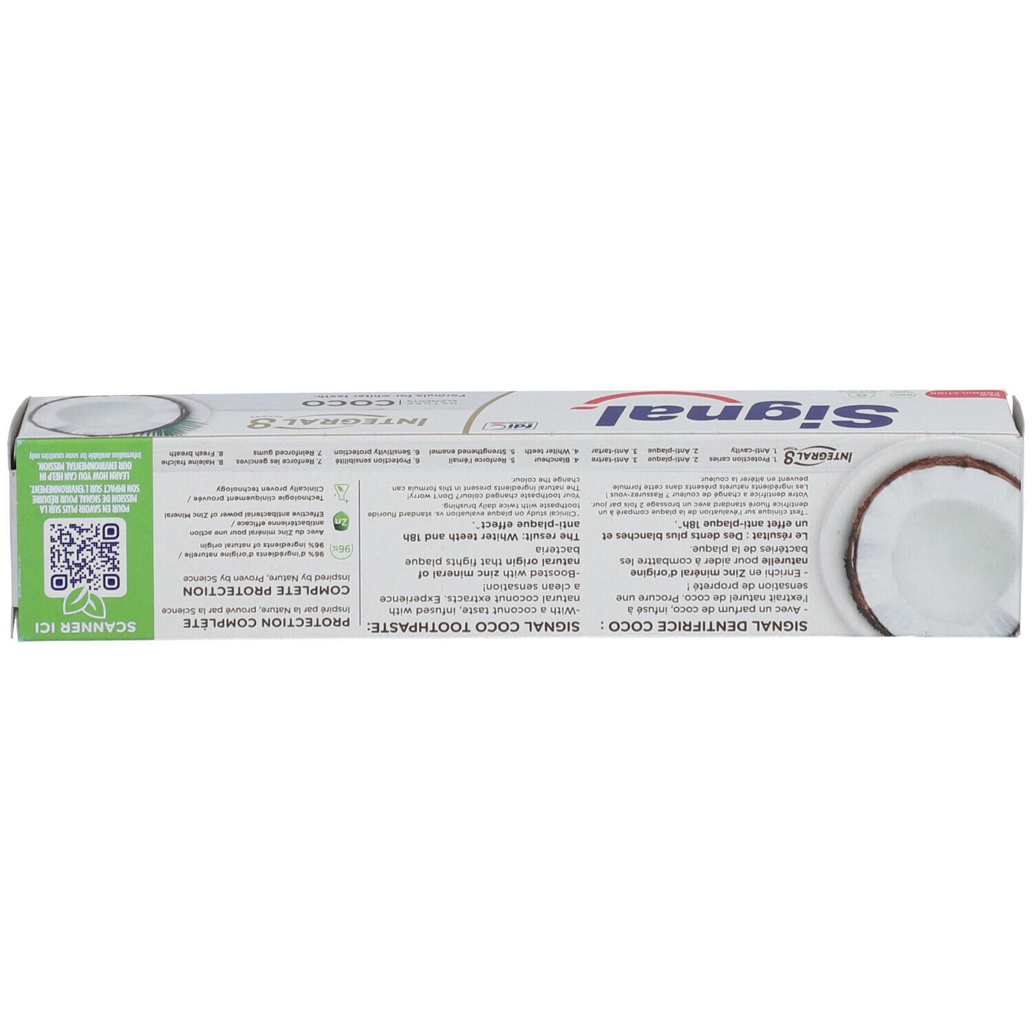 Emballage de dentifrice, dessus. Signal Integral 8 Coco. Texte et code QR.
