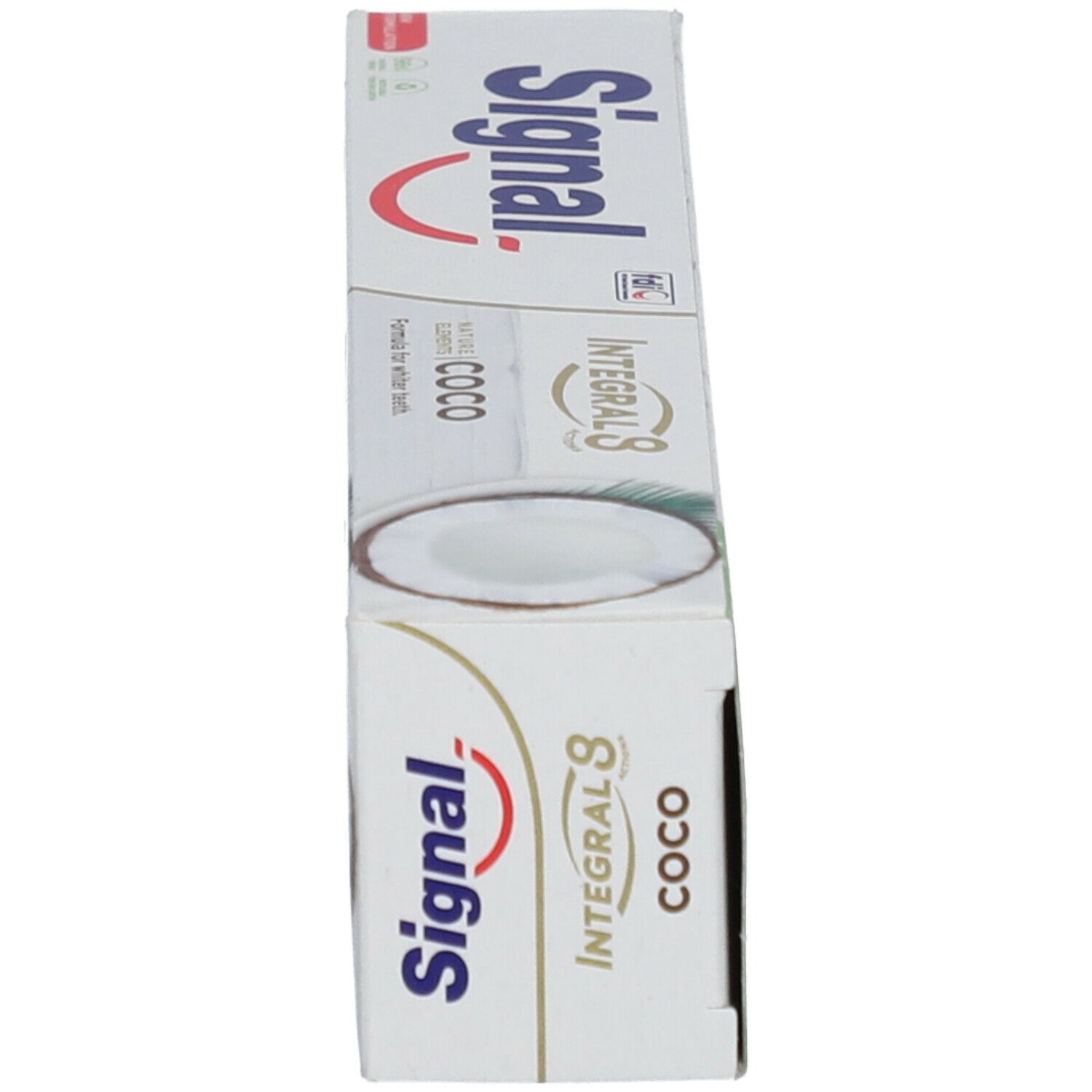 Emballage de dentifrice, vue latérale. Signal Integral 8 Coco. Texte et logo.
